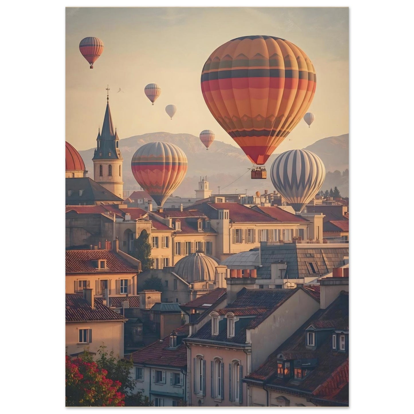 Hot air balloons over a cityscape with buildings and mountains in the background