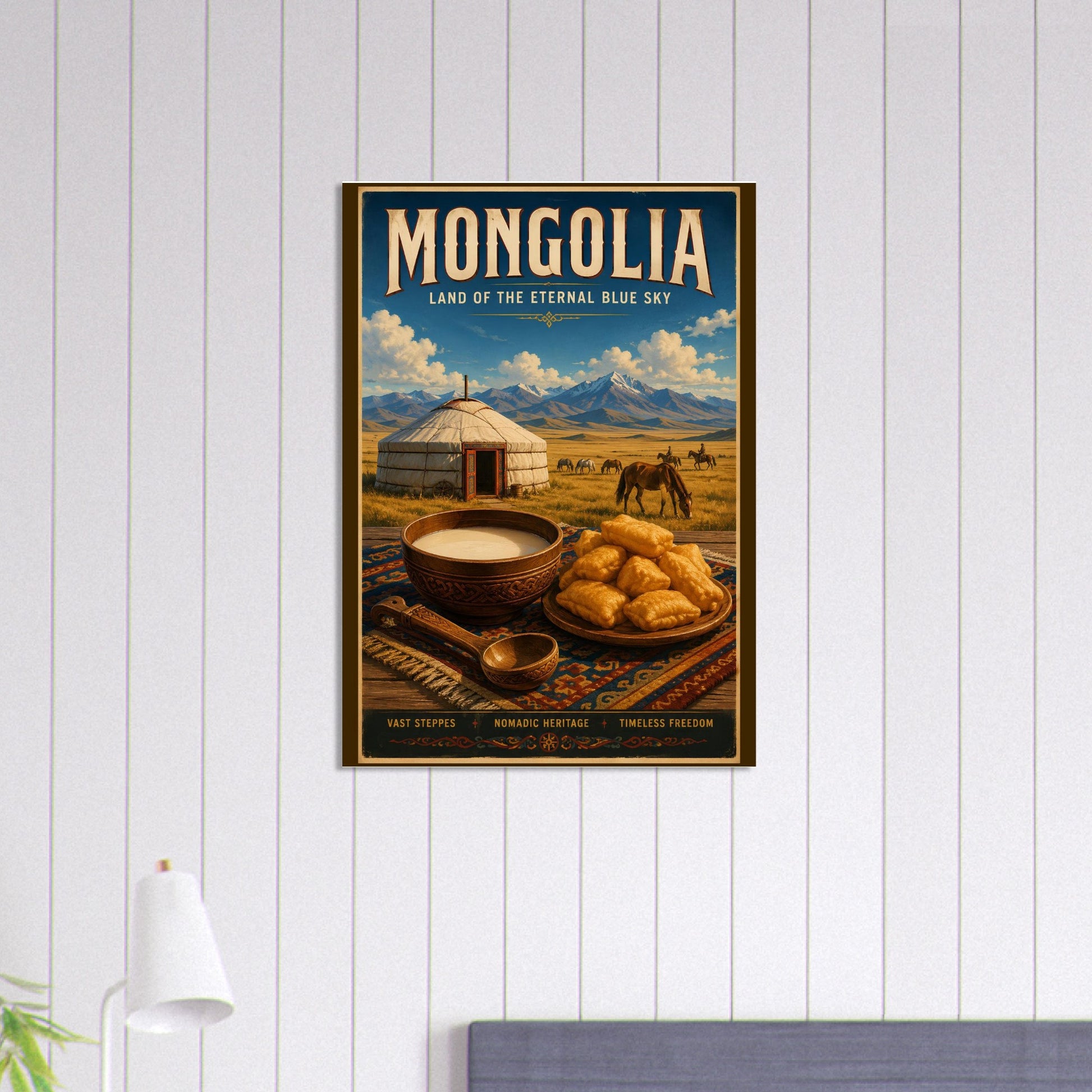 Mongolia travel poster displayed against a minimalist white wall, showcasing traditional nomadic culture and landscape artwork.