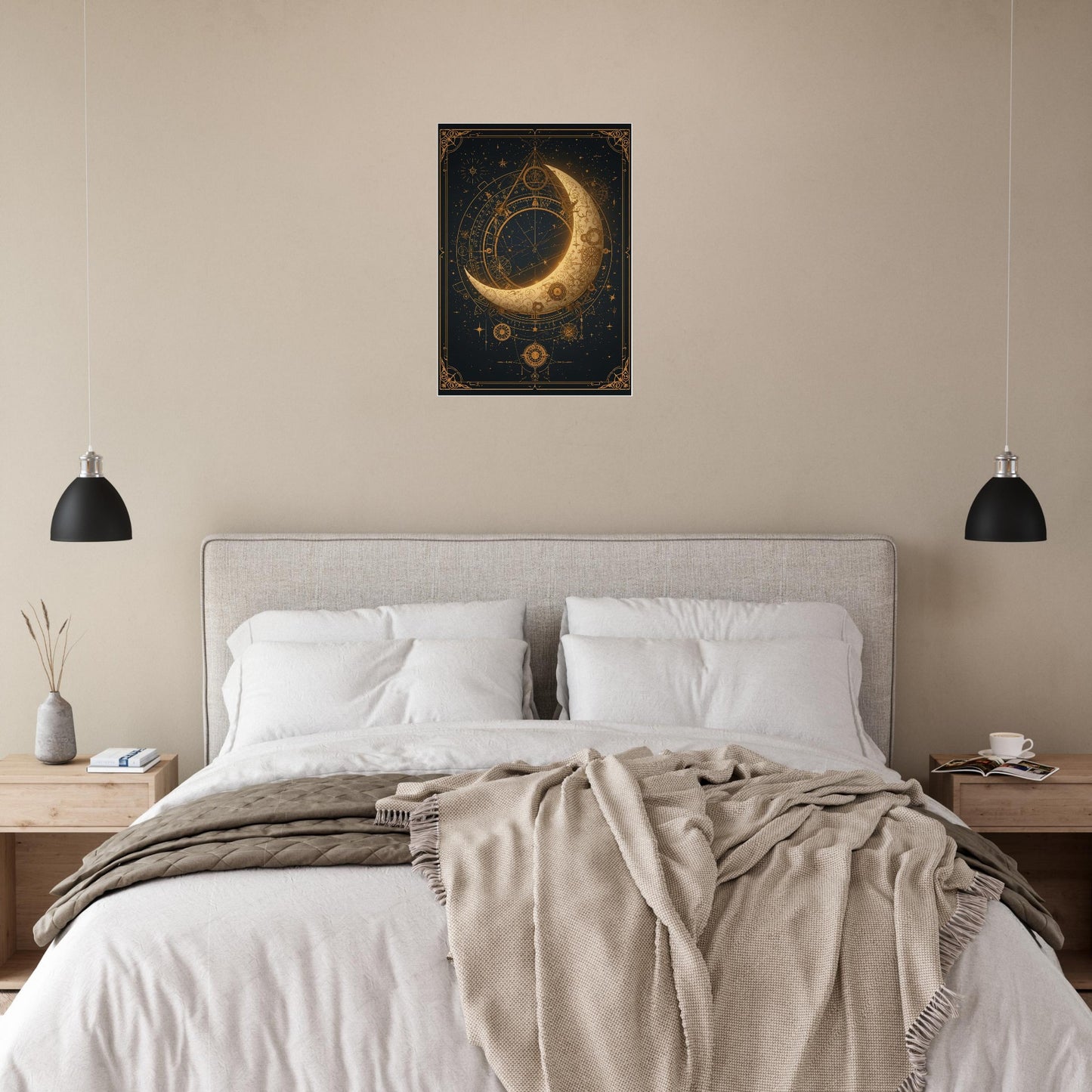 Bedroom with a bed, nightstands, and a wall art piece of a celestial design.