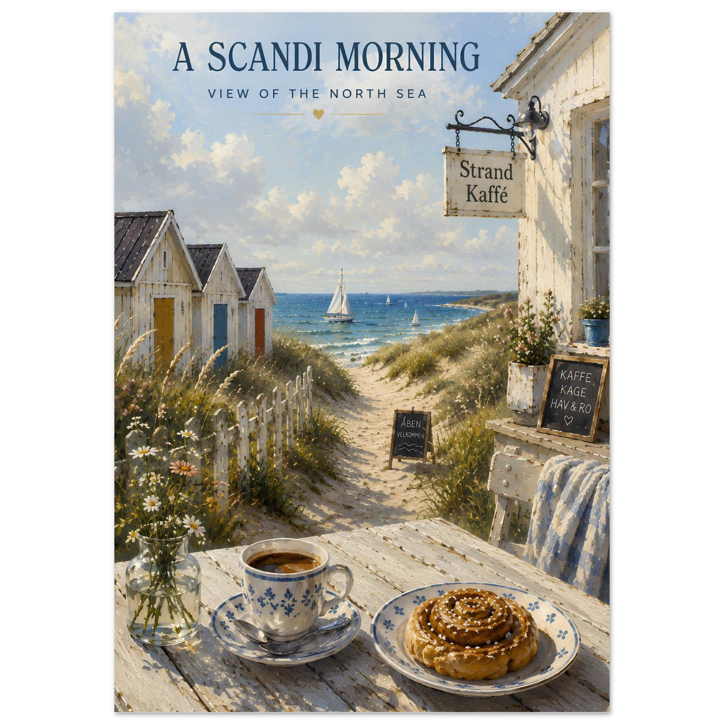 Nordic coastal wall art featuring sandy dunes, sailing boats and a seaside café in painterly style