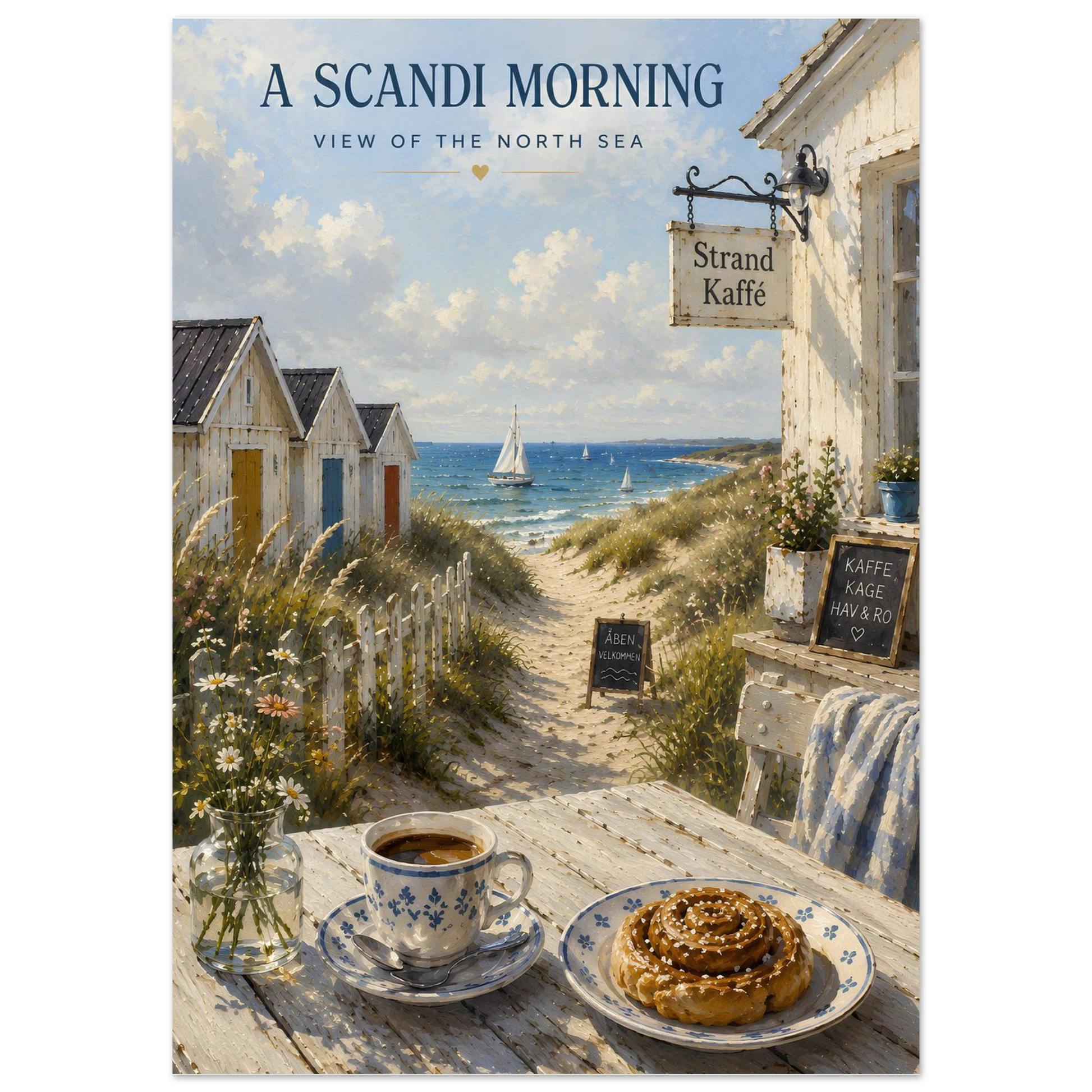 Nordic coastal wall art featuring sandy dunes, sailing boats and a seaside café in painterly style
