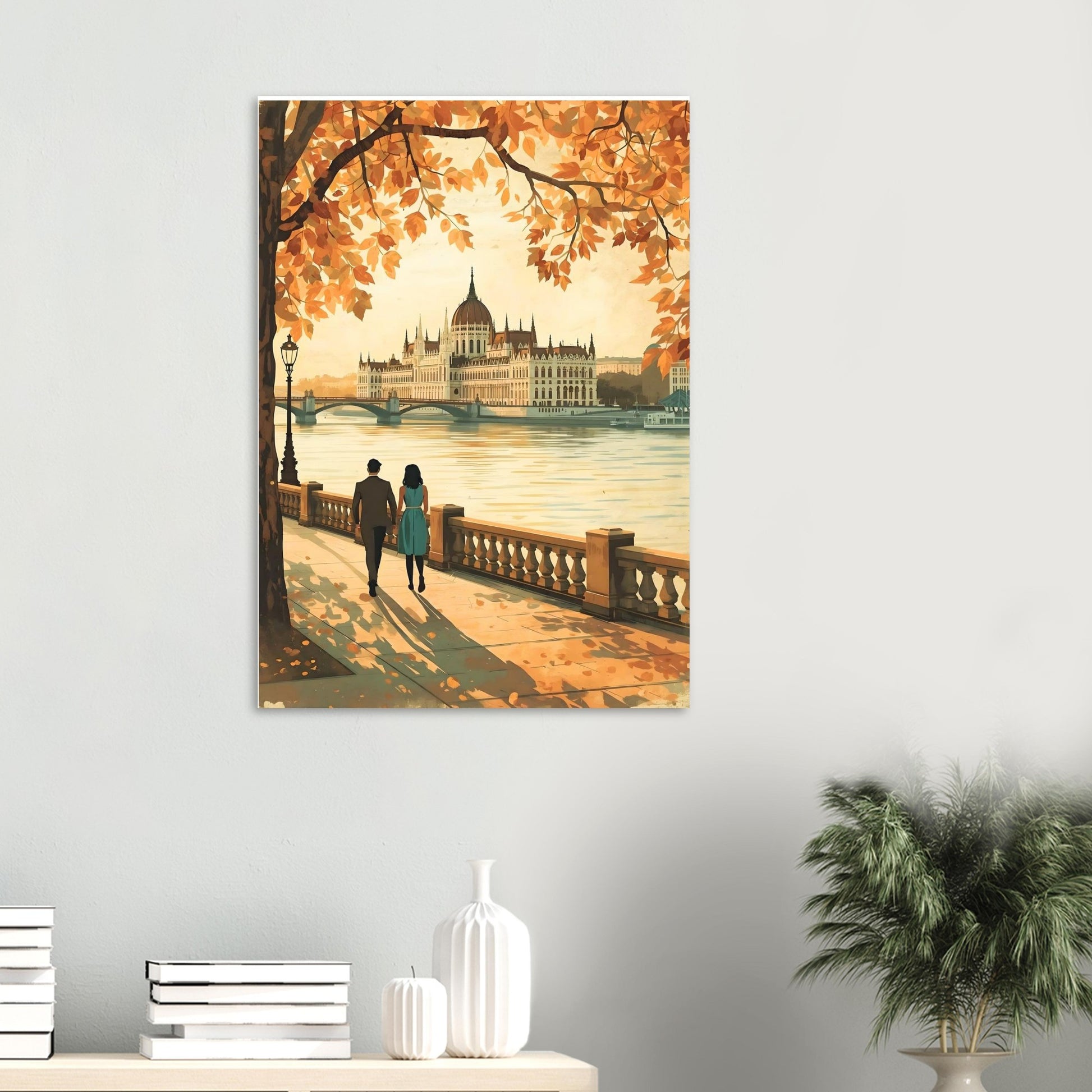 Hungarian Parliament wall art in modern neutral home decor setting
