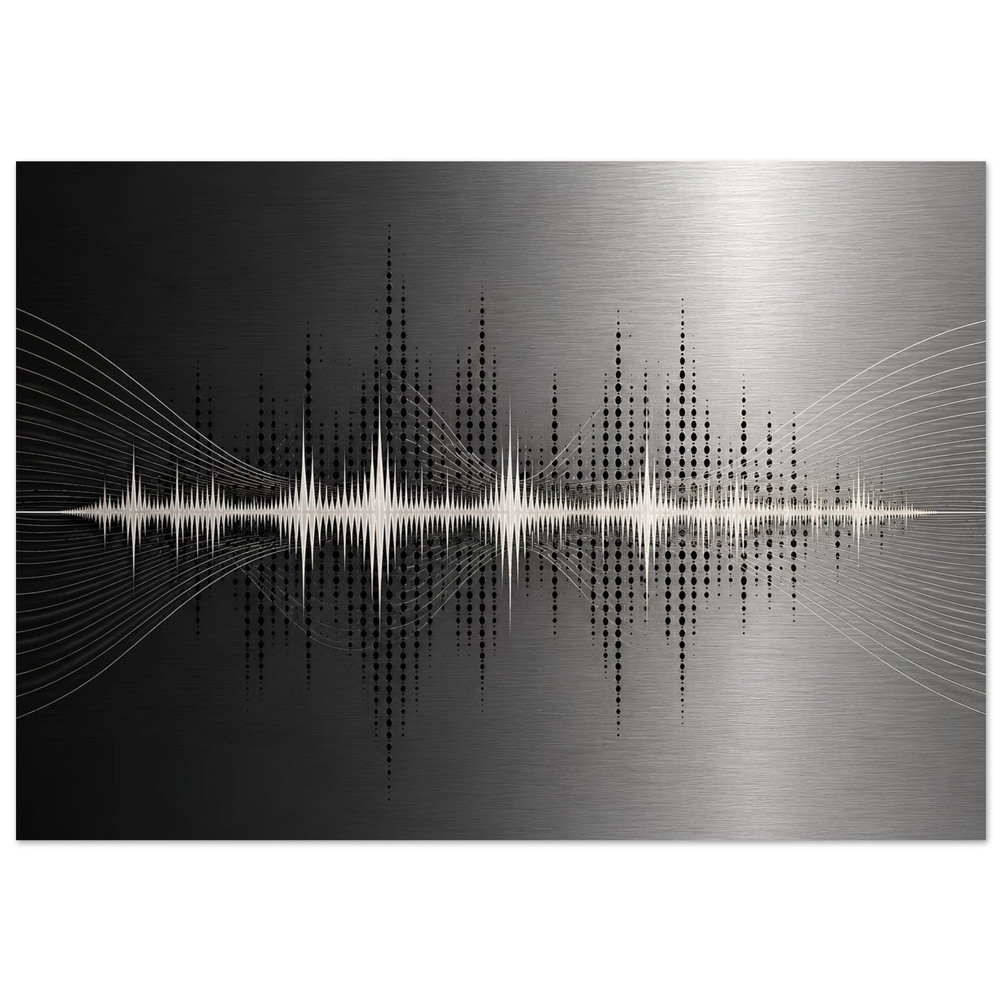 Abstract music wall art featuring a white soundwave, dotted frequency pattern and flowing lines across a black and silver metallic background.