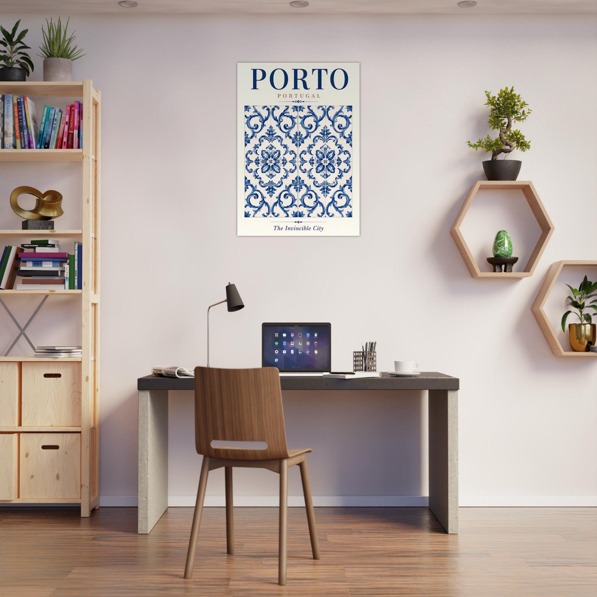 Porto travel poster featuring a Portuguese tile design displayed above a desk in a modern home office.
