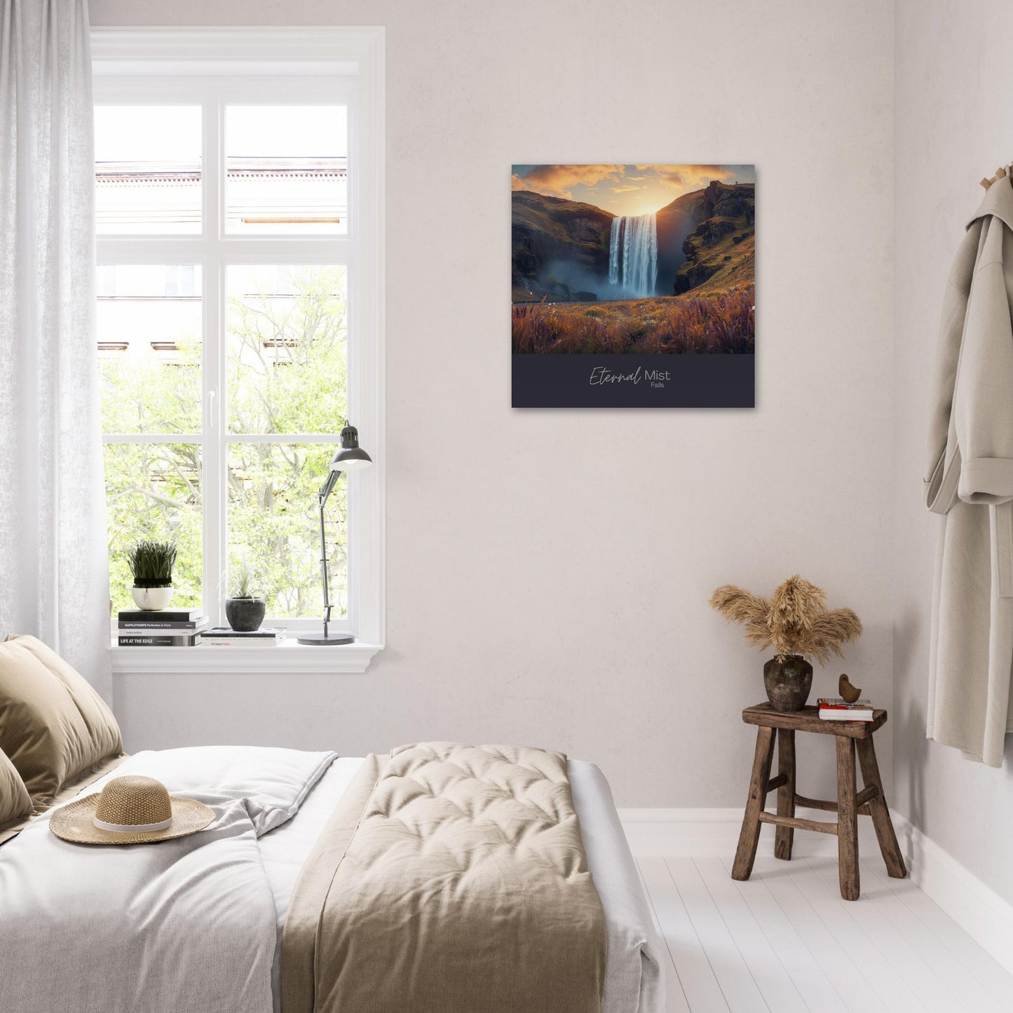 Eternal Mist Waterfall Poster | Sunset Landscape Wall Art | Modern Nature Decor