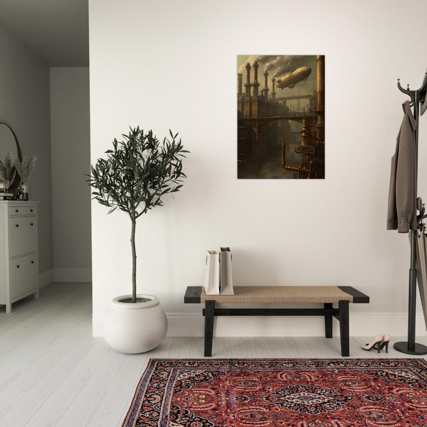 Modern interior with a plant, bench, and wall art in a room.