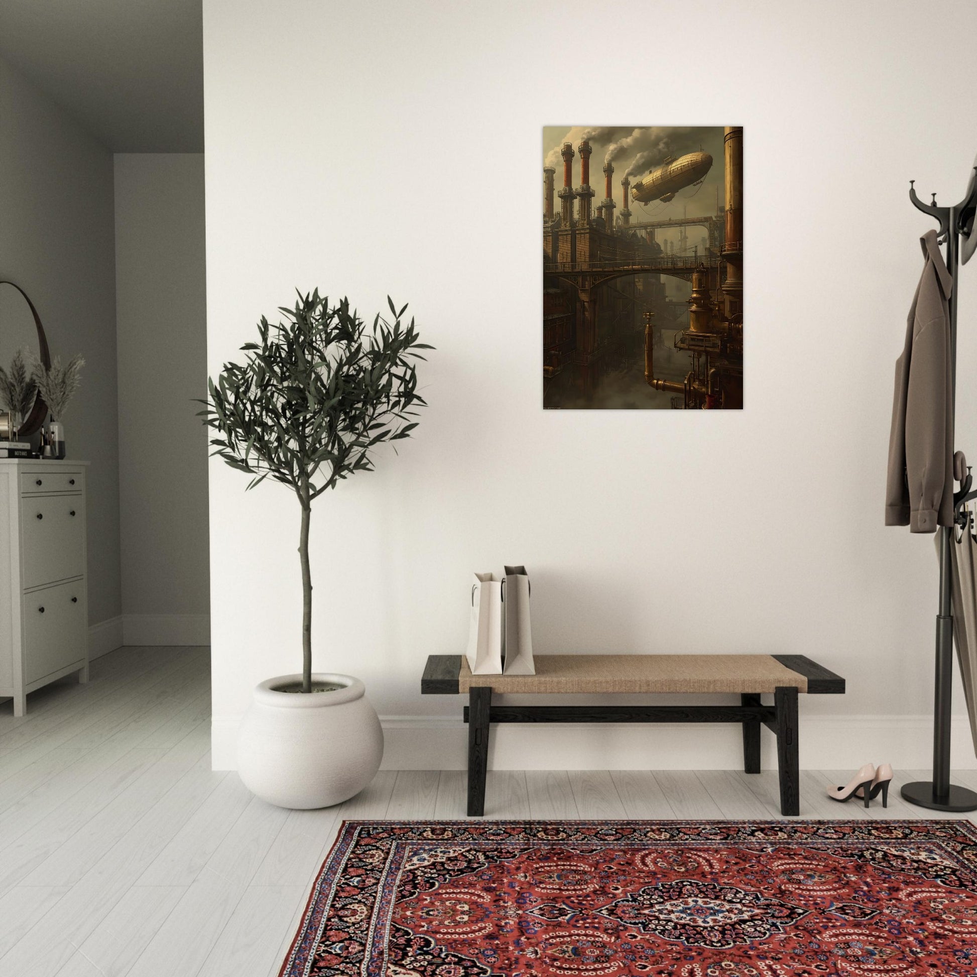 Modern interior with a plant, bench, and wall art in a room.
