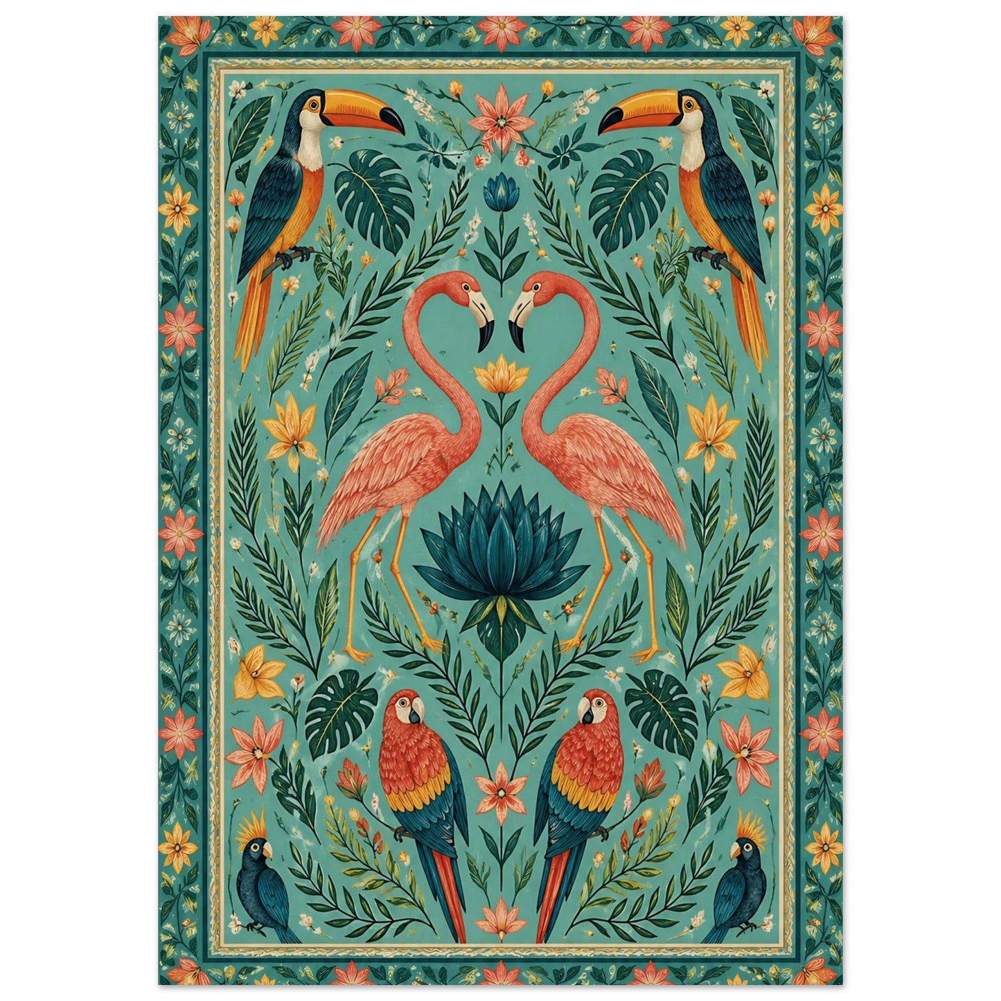 Flamingo and toucan folk art print