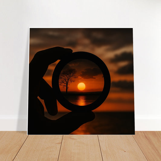 Hand holding a lens framing a vivid sunset over a lake with silhouetted tree, printed on a square semi-gloss wall art poster.