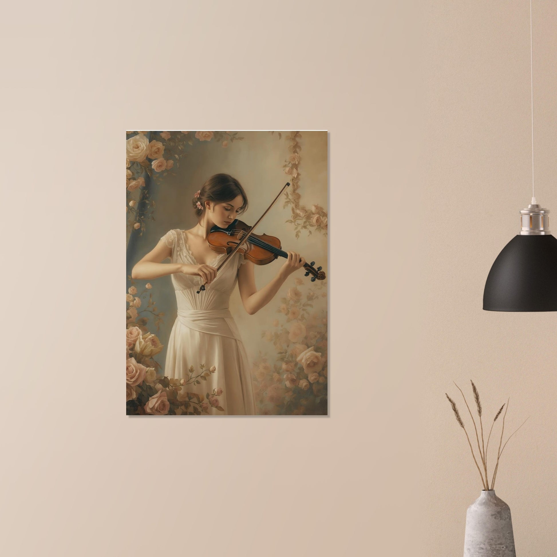 Framed artwork of a woman playing the violin on a beige wall with a vase and lamp in the foreground.