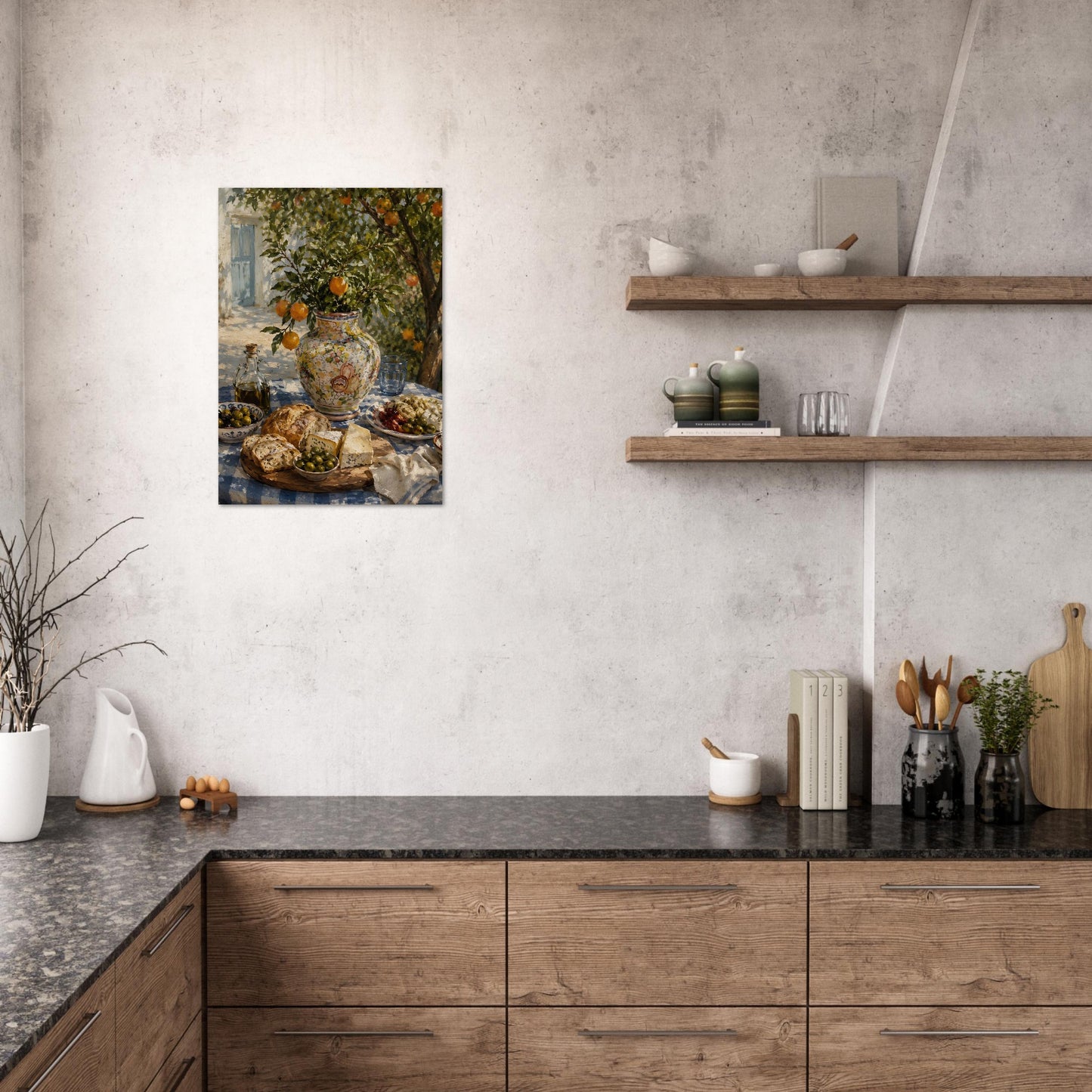 Mediterranean still life art print displayed in minimalist rustic kitchen with warm neutral tones