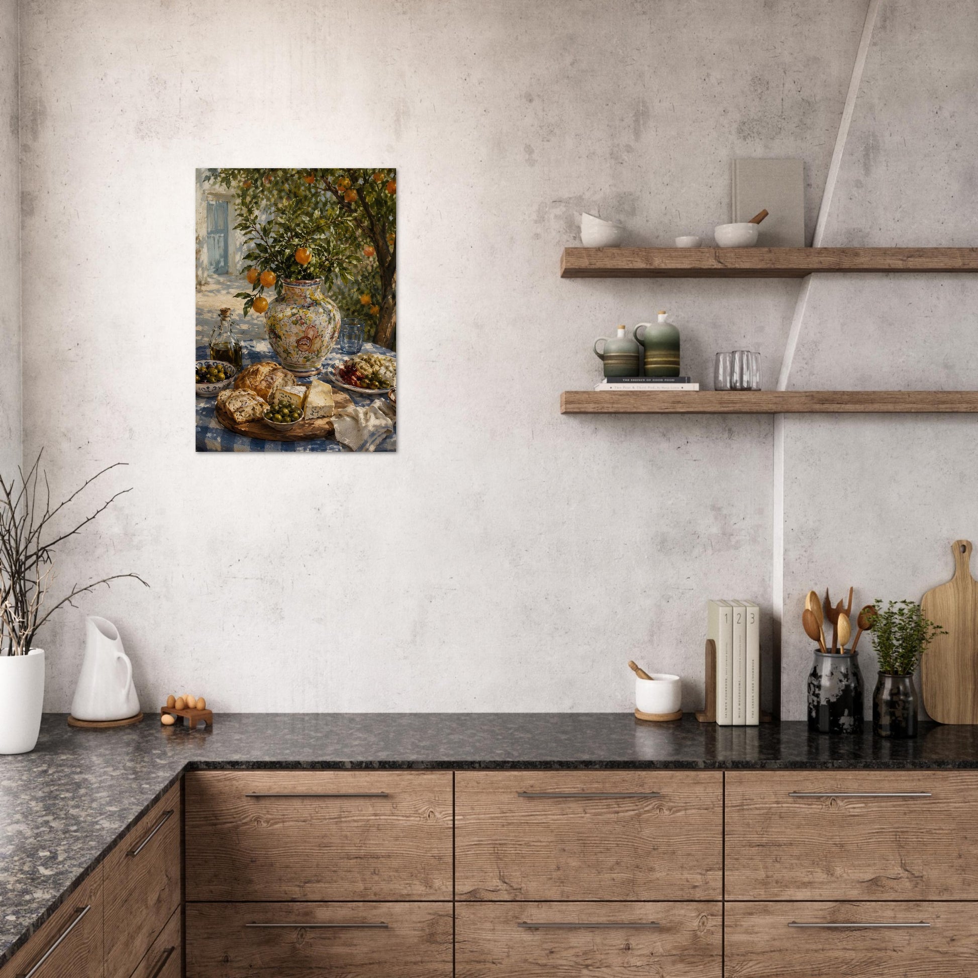 Mediterranean still life art print displayed in minimalist rustic kitchen with warm neutral tones