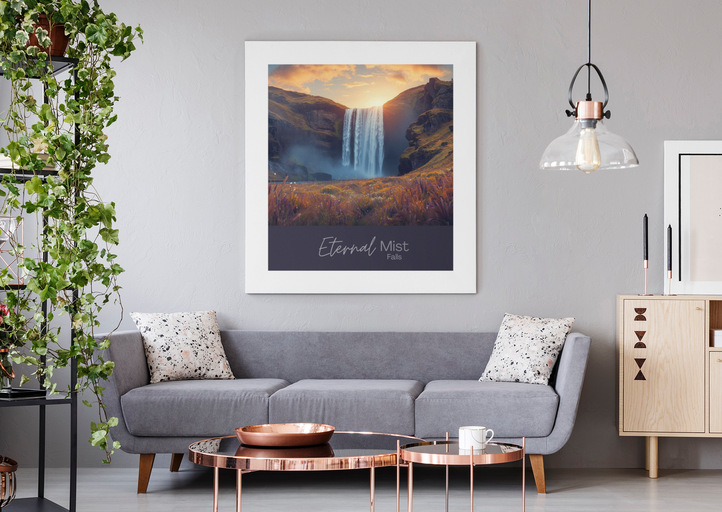 Living room with a gray sofa, coffee table, and framed artwork of a waterfall.