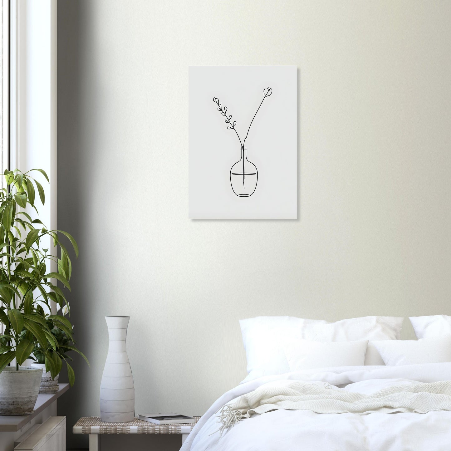 Minimalist bedroom with a vase and plant on a nightstand, and a wall art of a vase with a plant.