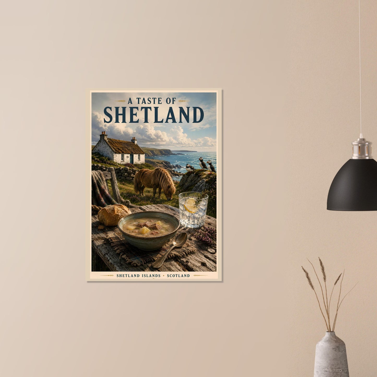 Vintage Shetland travel poster on a neutral beige wall with modern minimalist styling