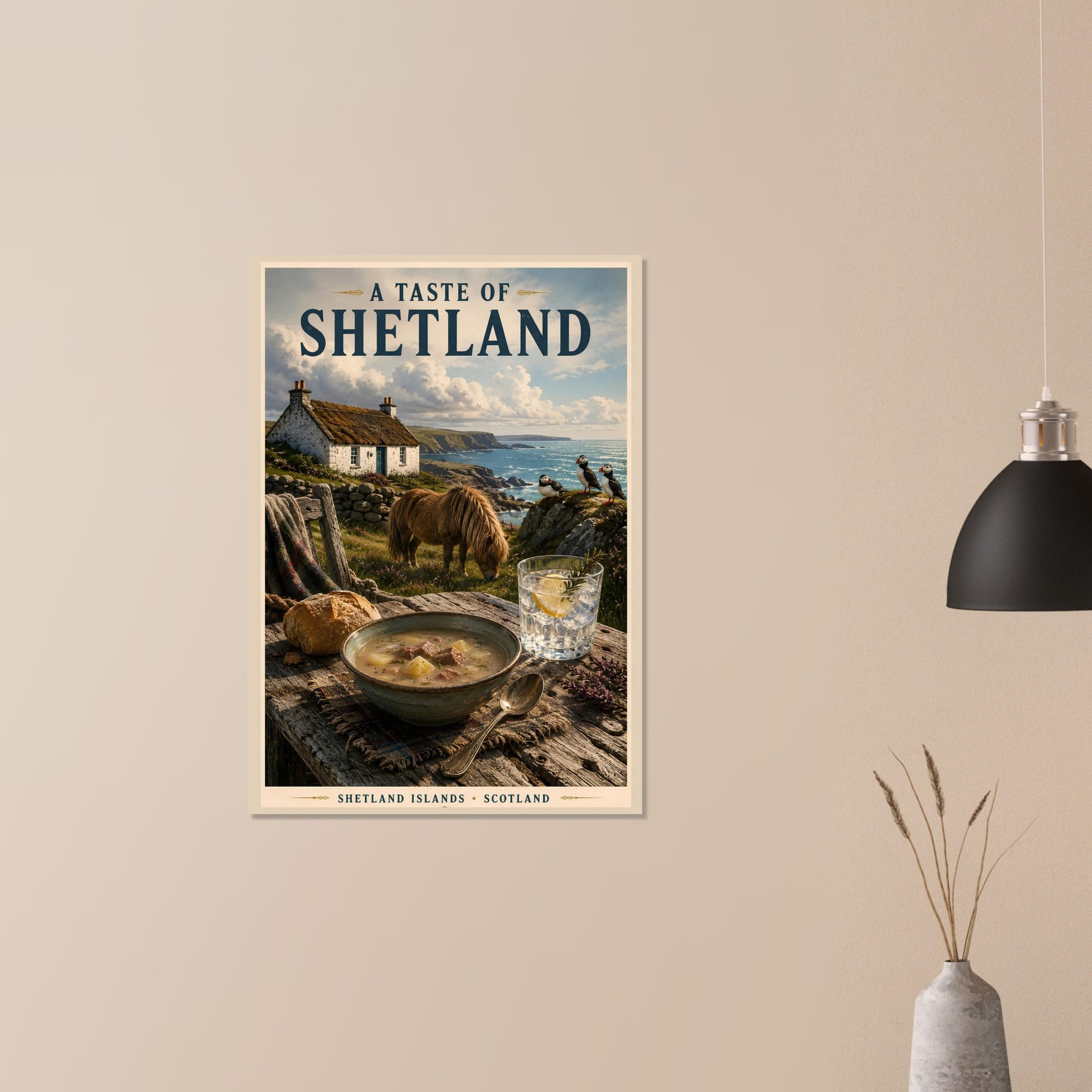 Vintage Shetland travel poster on a neutral beige wall with modern minimalist styling