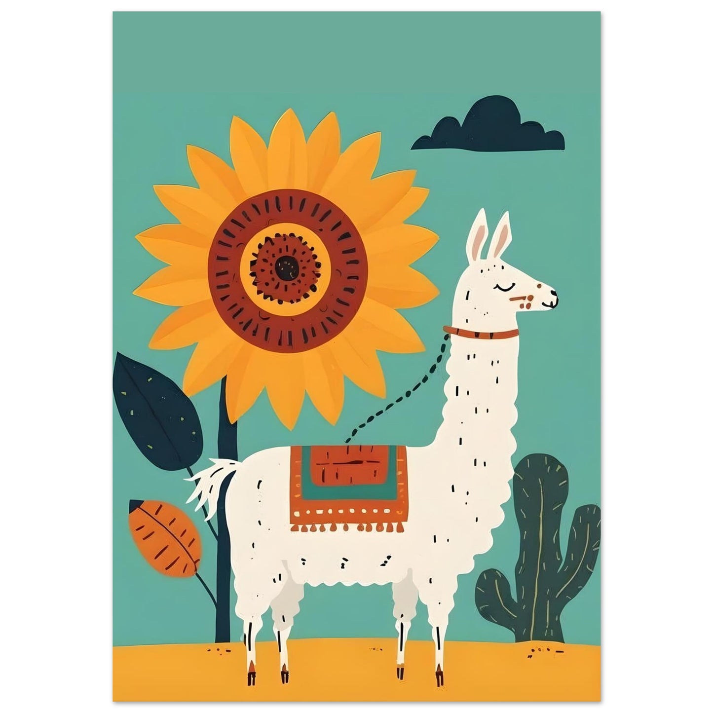 Whimsical Llama Folk Art Poster - Boho Wall Decor - Modern Mid-Century Colors