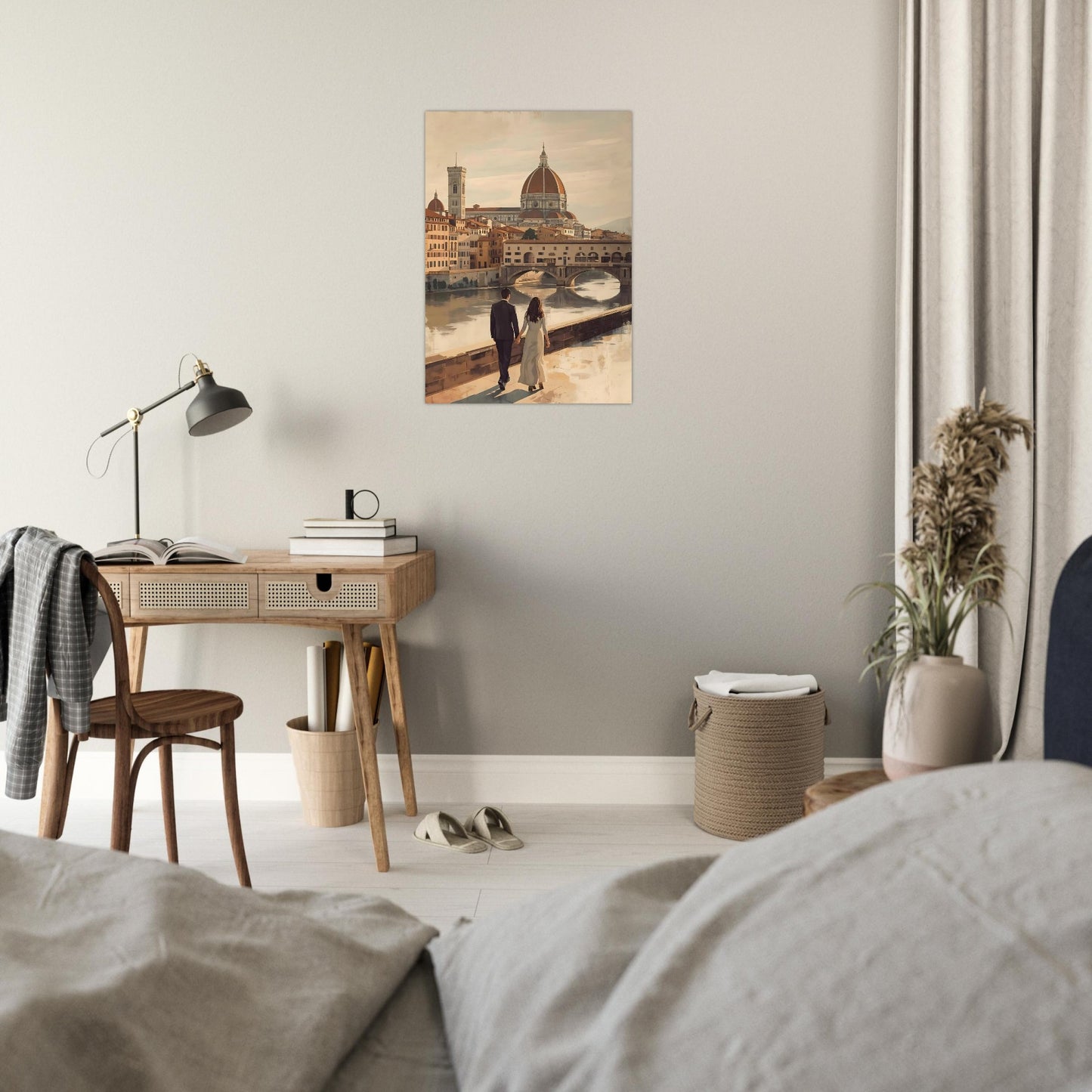Romantic Florence wall art featuring a couple by the Arno River with the Duomo and Ponte Vecchio in warm vintage tones. Elegant Italian city decor.
