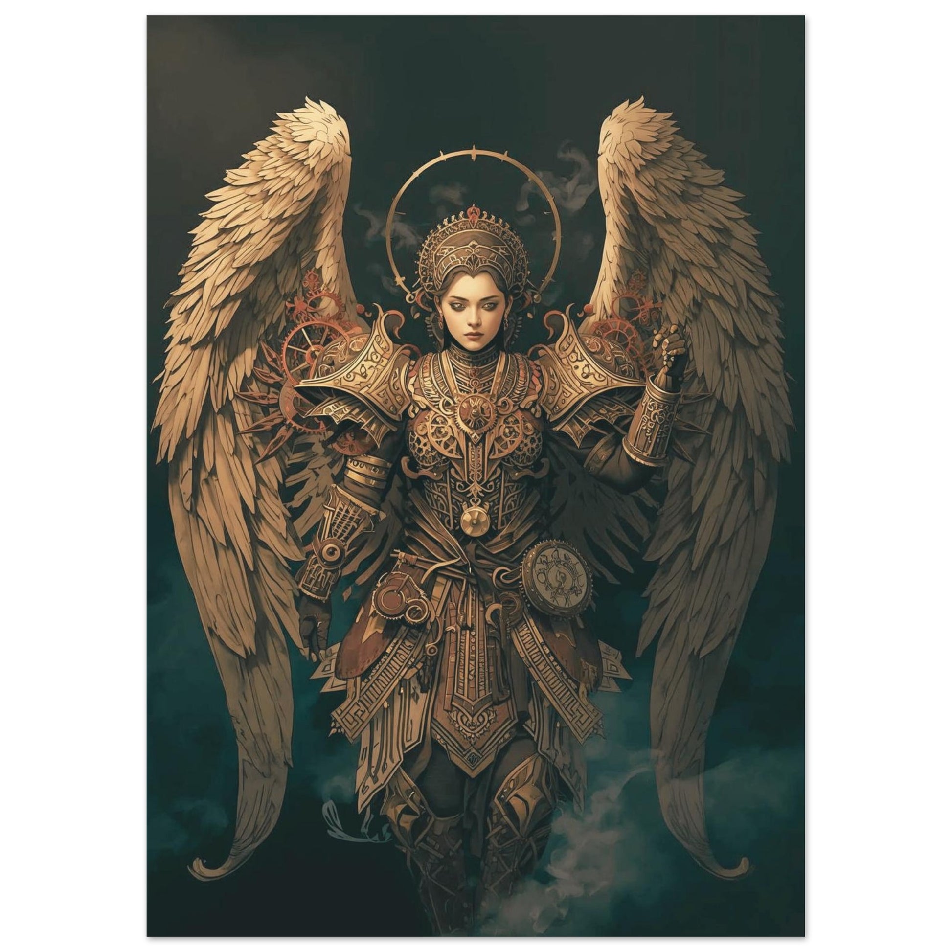Artistic depiction of an angelic figure with mechanical elements and wings on a dark background