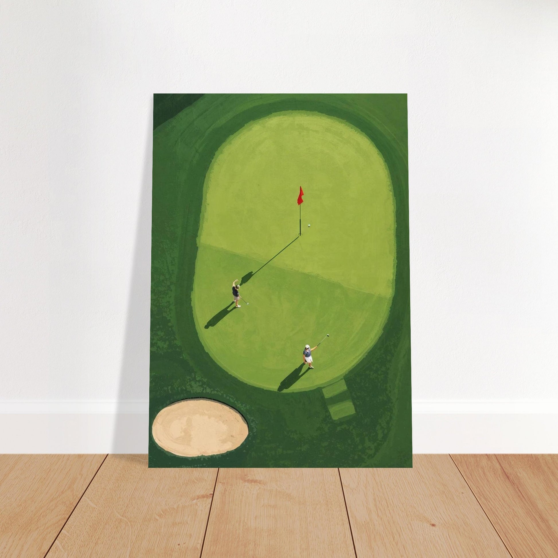 Golf course poster with two players and a flag on a green background