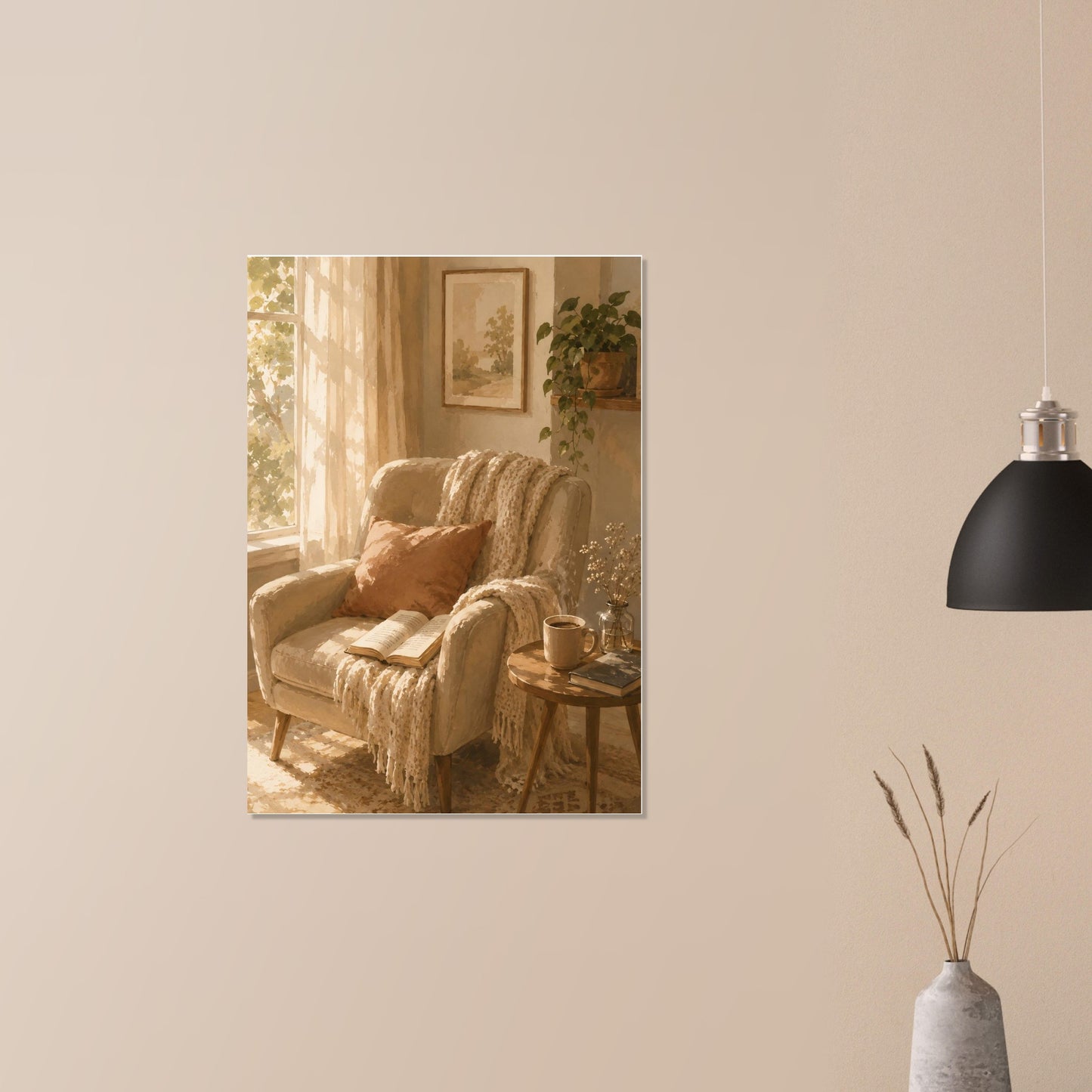 Cozy armchair watercolor print displayed in minimalist neutral interior 