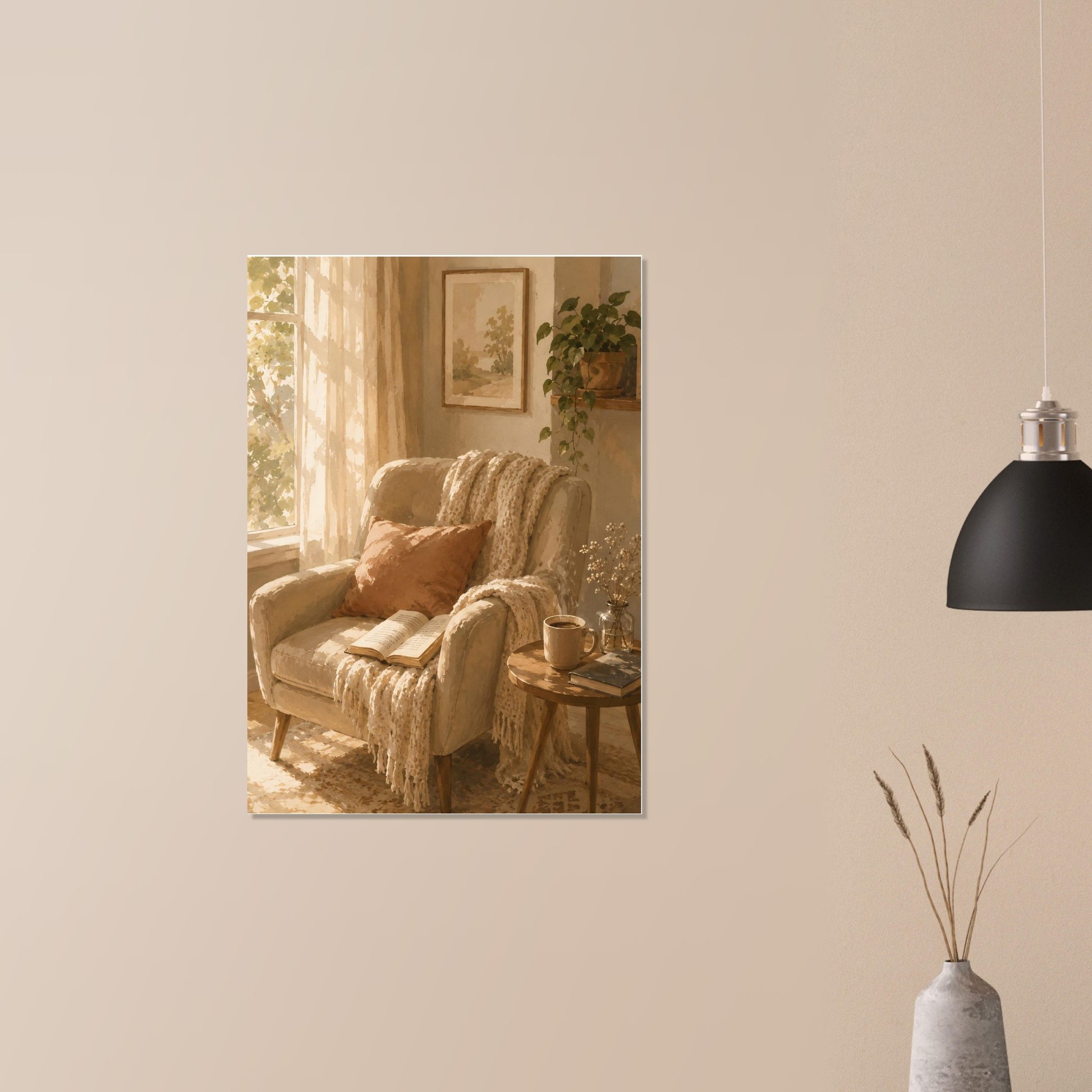 Cozy armchair watercolor print displayed in minimalist neutral interior 