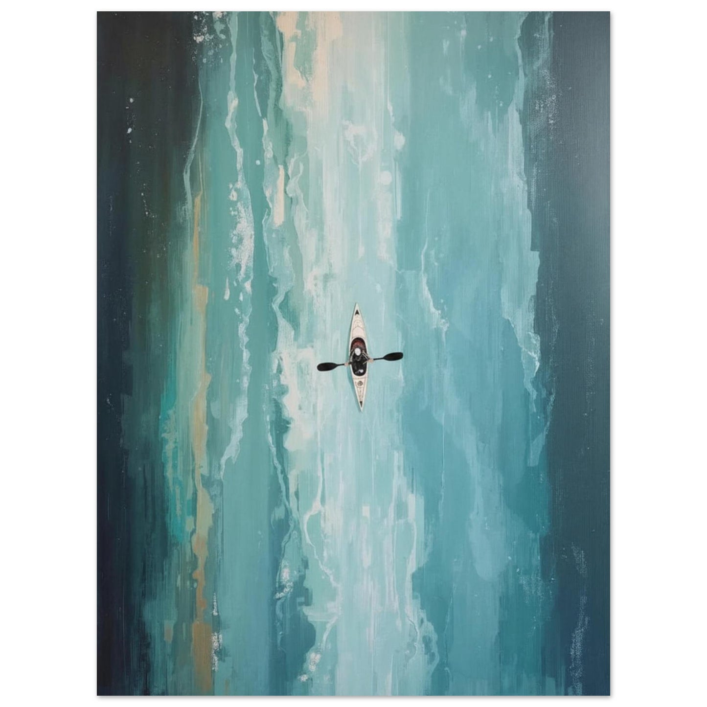 Kayaker Poster in the middle of a river with a colorful, abstract background