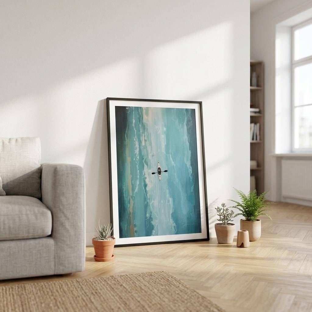 FramedTurquoise ocean kayak wall art in a modern living room with a sofa and plants.