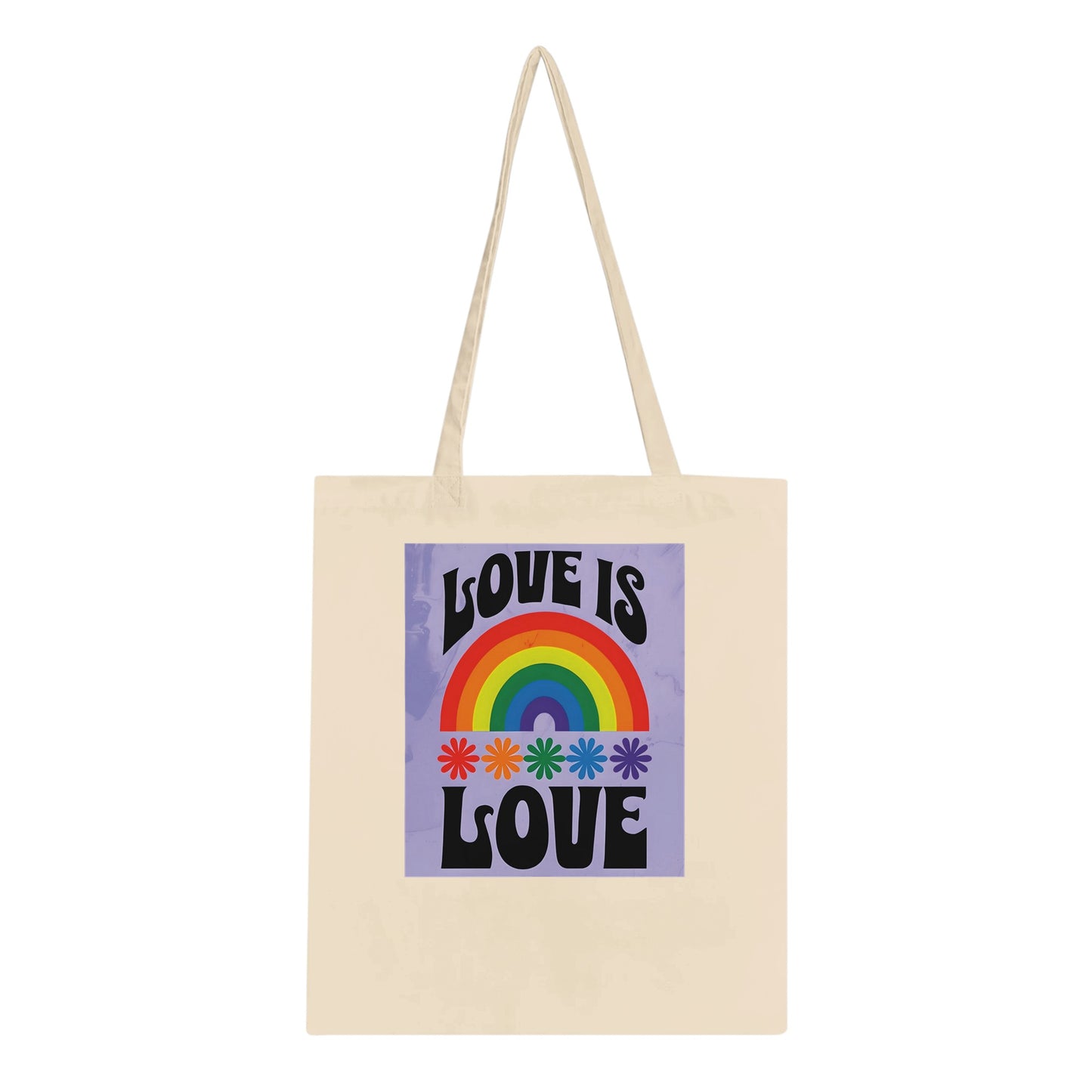Tote bag with 'Love is Love' design featuring a rainbow and flowers on a white background