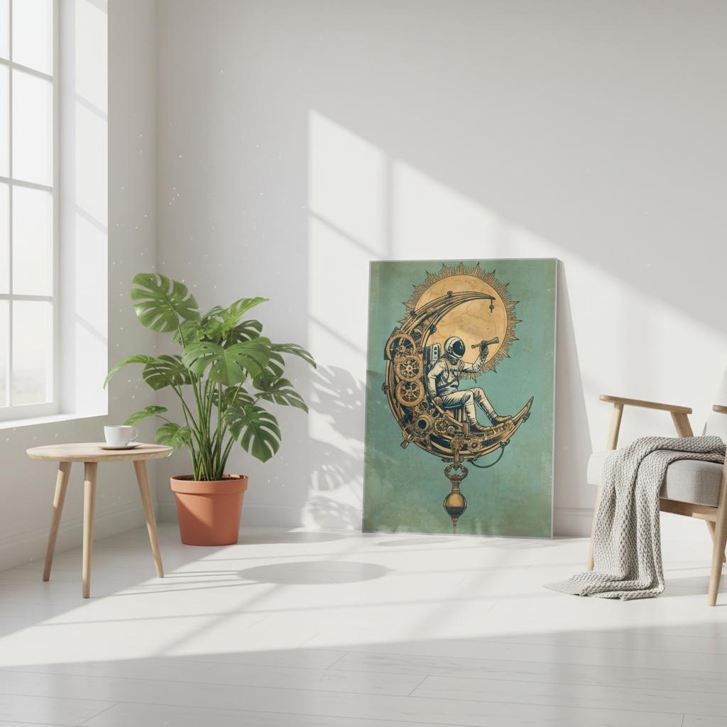 Decorative painting of a person on a crescent moon in a bright room with a plant and table.