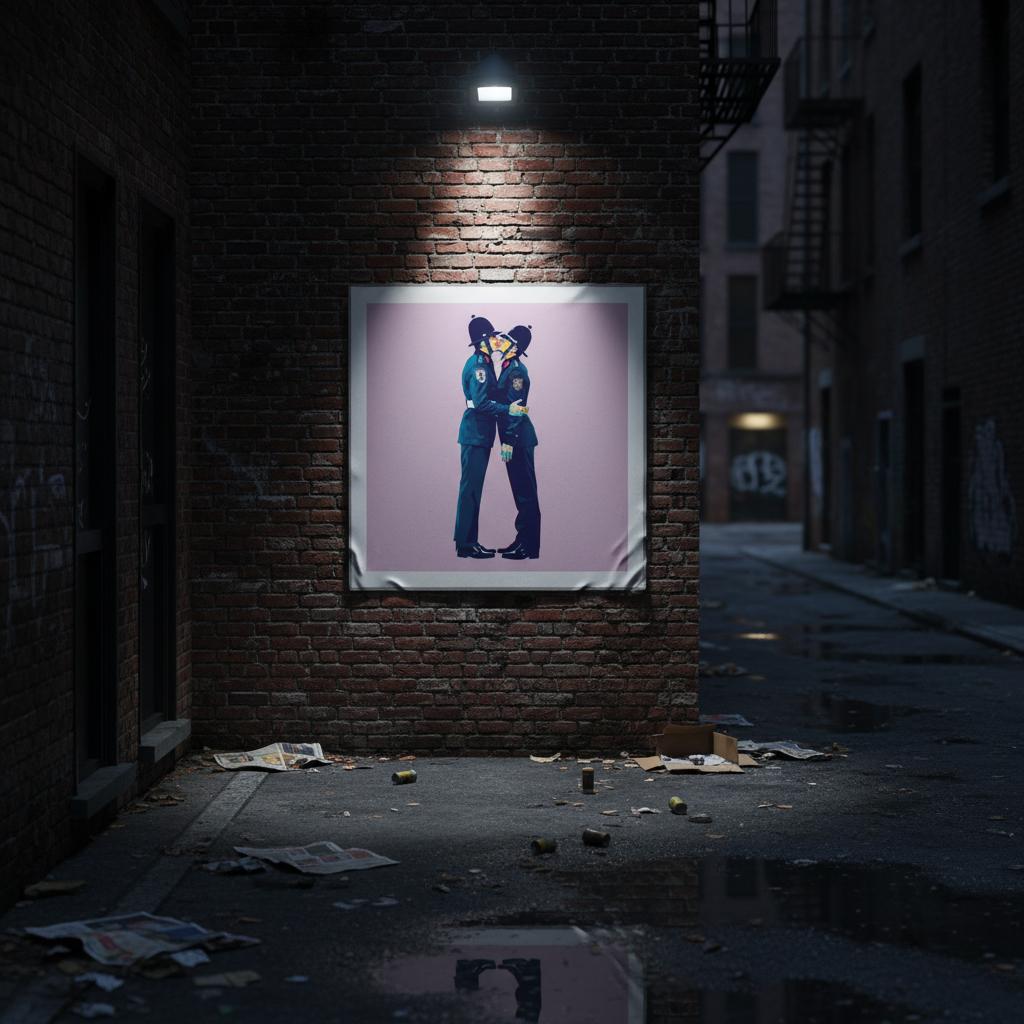 Framed artwork of a stylized character on a brick wall in an alleyway.