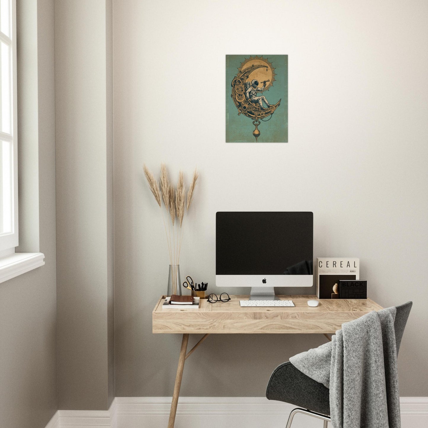 Modern home office with a desk, computer monitor, and decorative elements.