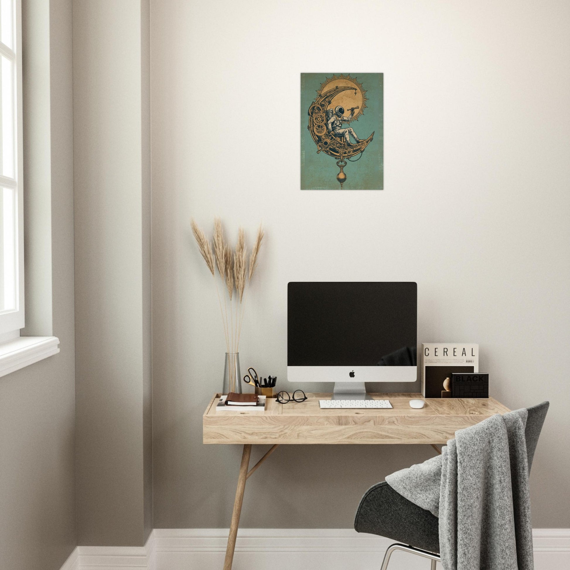 Modern home office with a desk, computer monitor, and decorative elements.