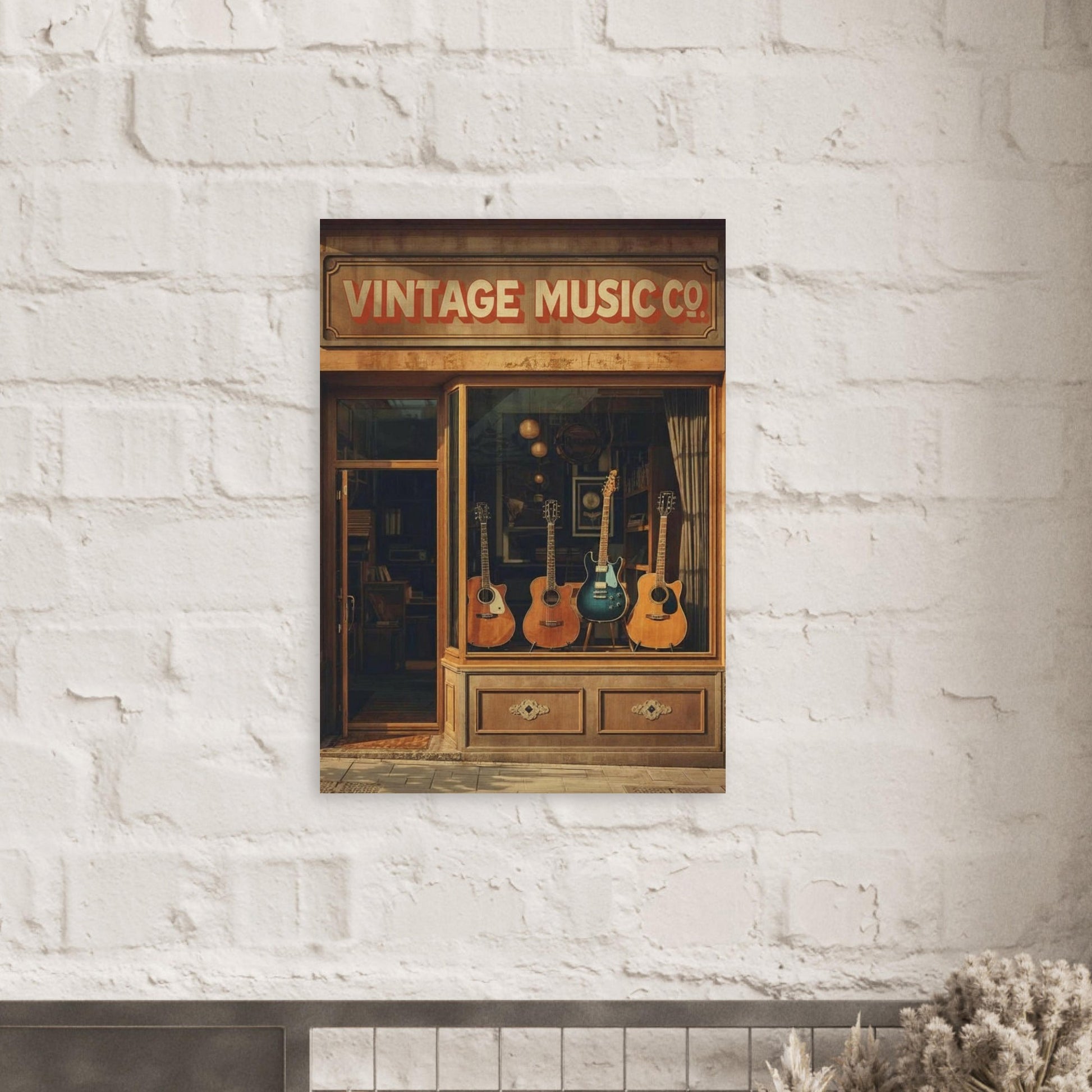 Vintage music shop poster on white brick wall with rustic styling