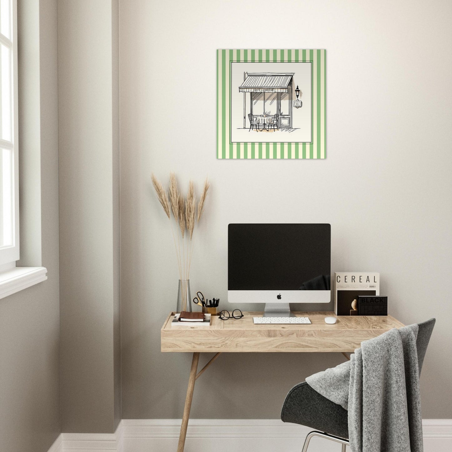 Lifestyle mockup of Café Lumière Paris art print displayed in modern neutral interior