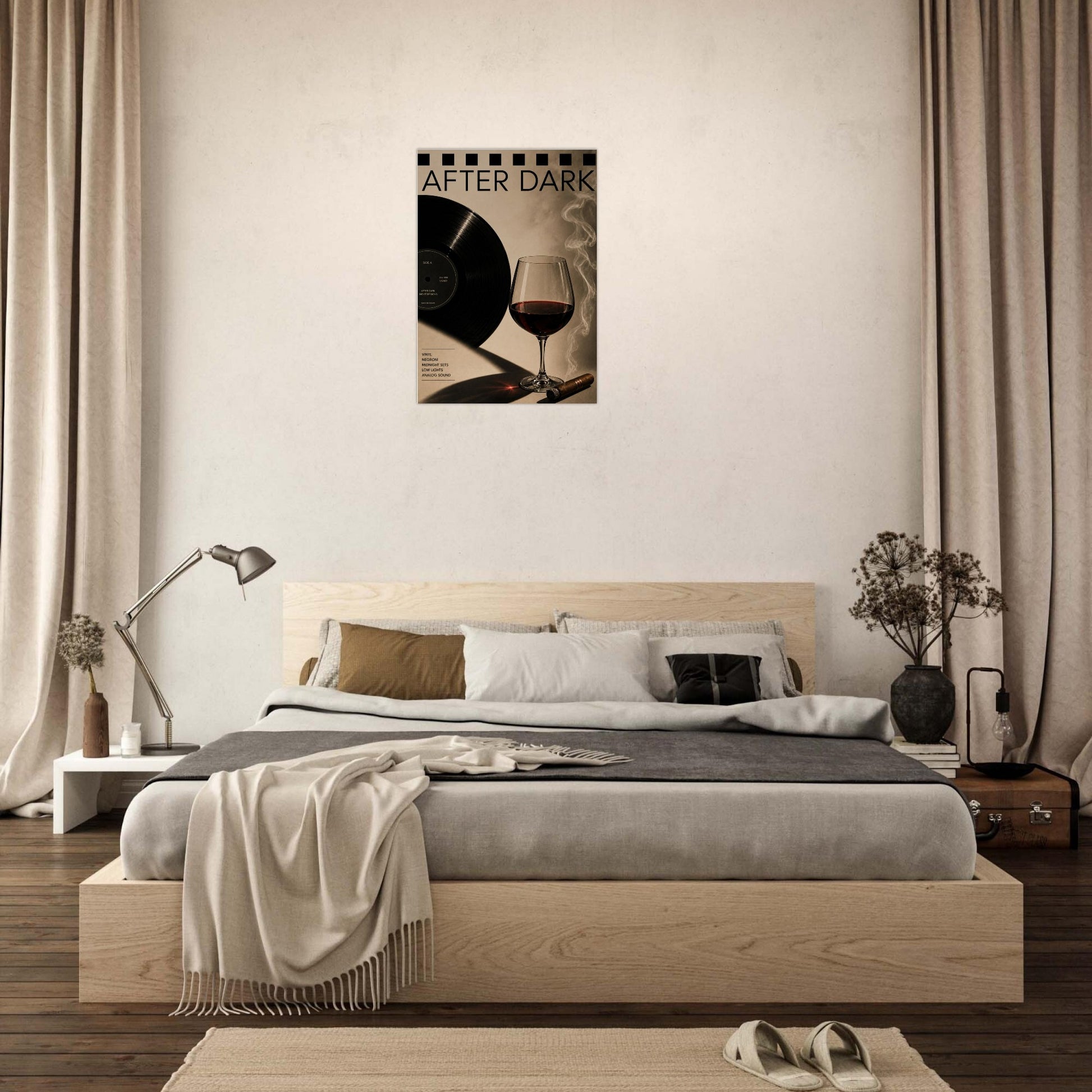 Modern bedroom with wooden bed, lamp, and decorative items and a AFTER DARK vinyl and red wine poster