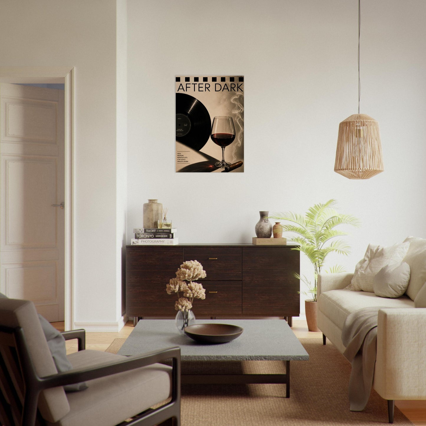 Living room with a painting on the wall, wooden cabinet, and modern decor.