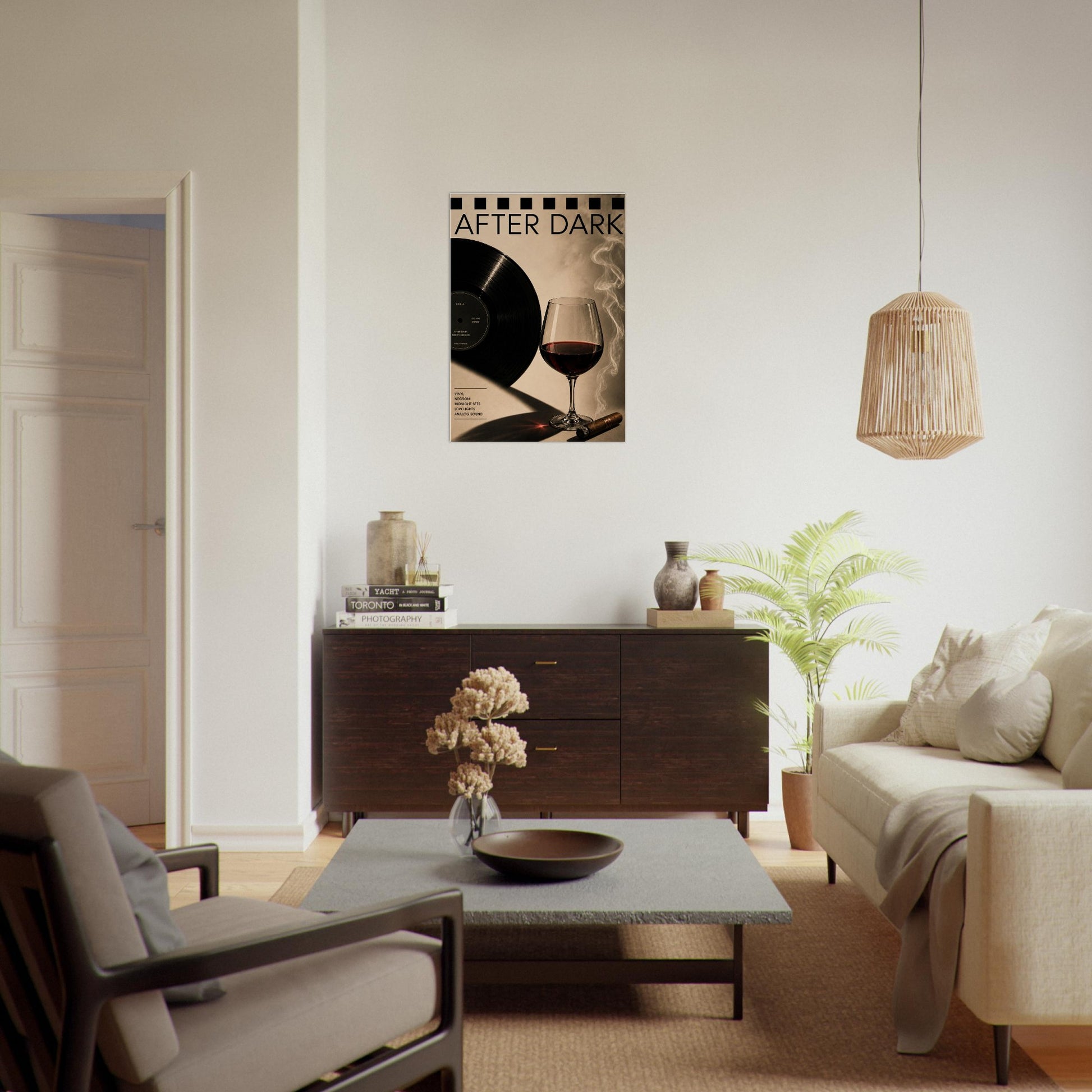 Living room with a painting on the wall, wooden cabinet, and modern decor.