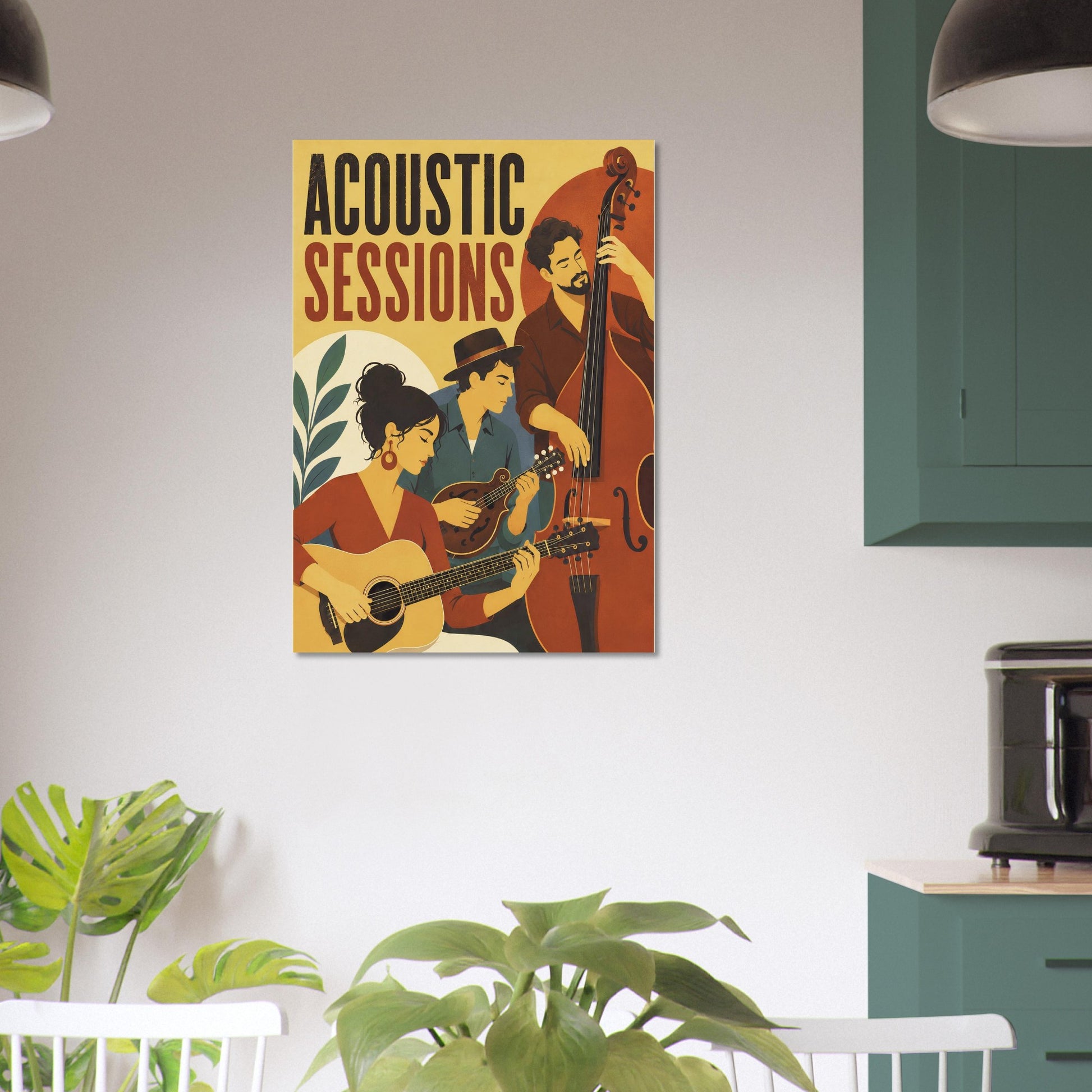 A vertical canvas wall art print featuring a retro illustration of three musicians playing string instruments, with the text 'ACOUSTIC SESSIONS' at the top, displayed on a white wall in a modern kitchen setting.