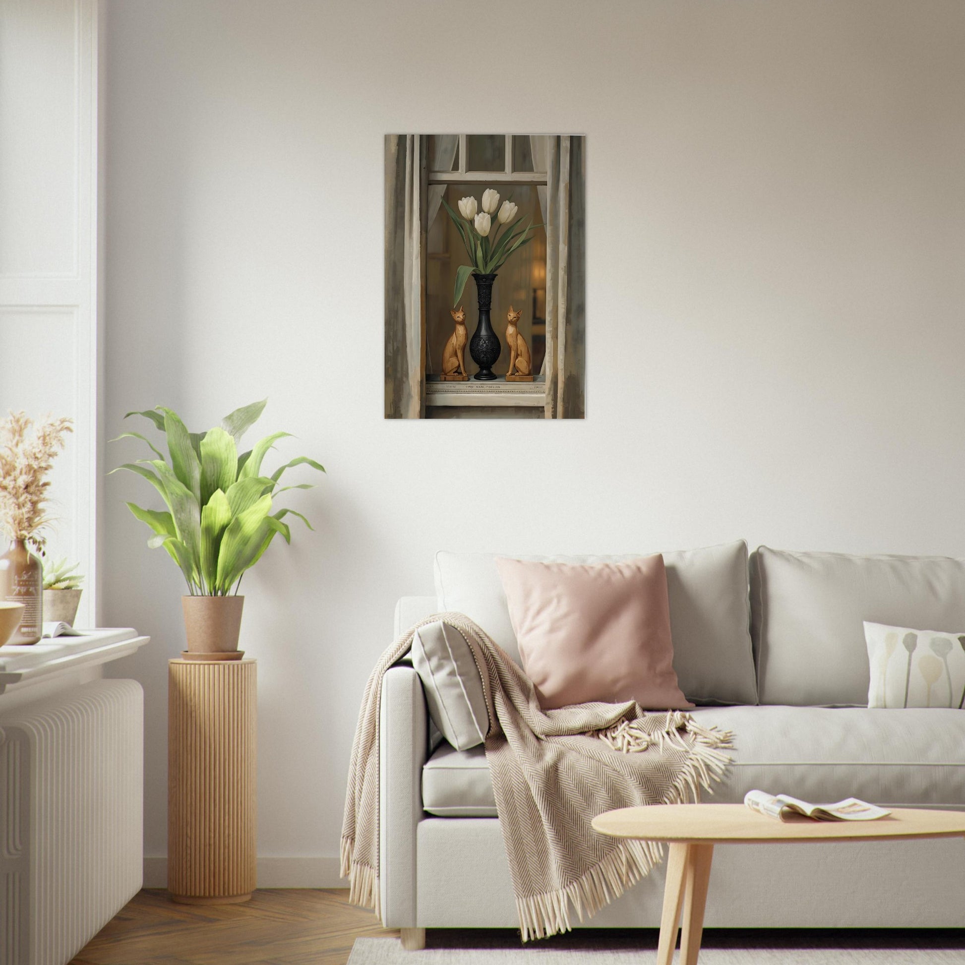 Scandinavian tulip and cat still life poster displayed in warm cosy living room