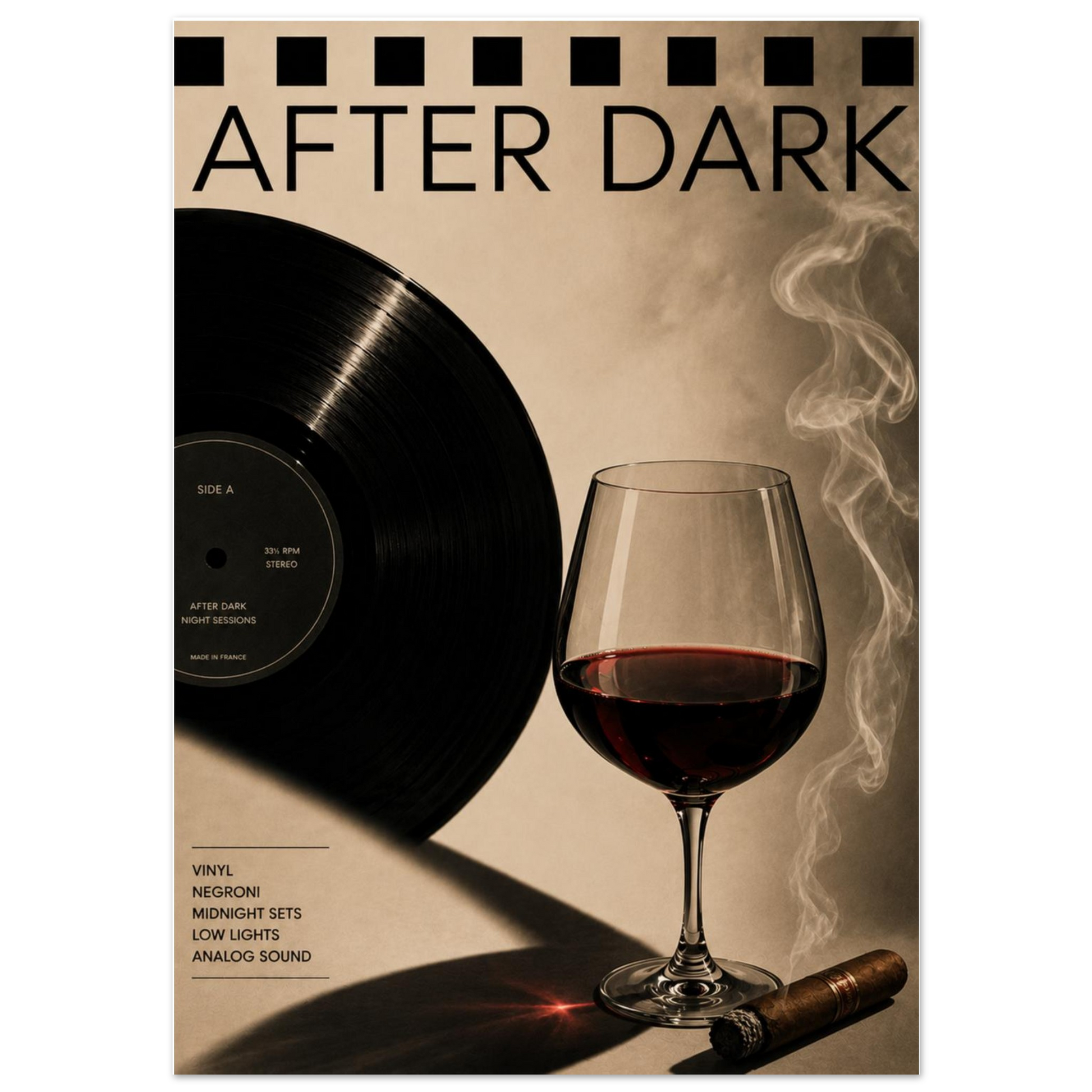 Poster with a vinyl record, wine glass, and cigar on a beige background with 'After Dark' text.
