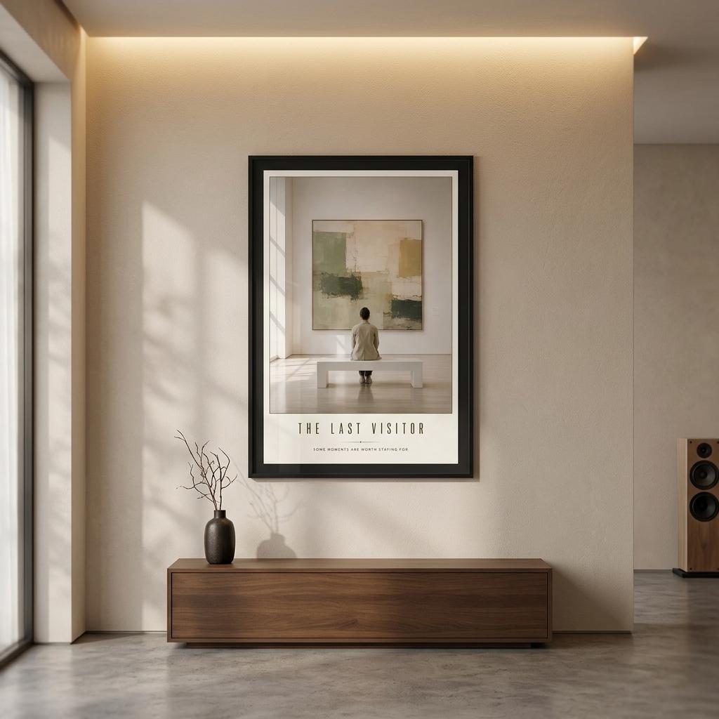Framed artwork titled 'The Last Visitor' on a wall in a modern interior setting.