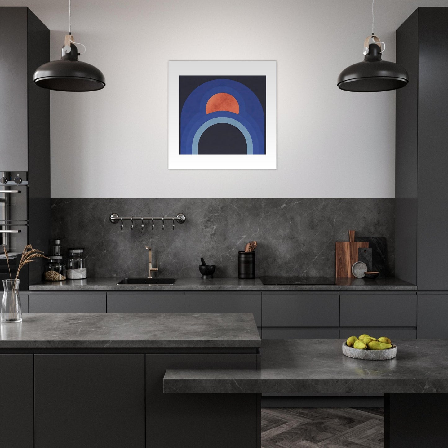 3Minimalist abstract wall art displayed above kitchen counter in modern interior