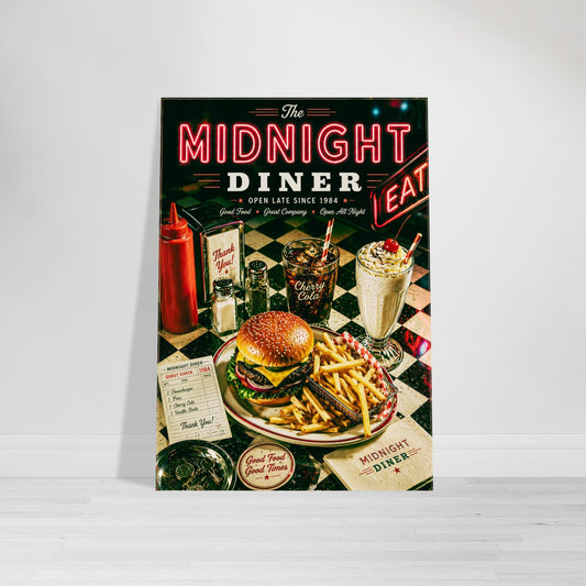 Poster of 'The Midnight Diner' with a burger and fries on a checkered tablecloth.