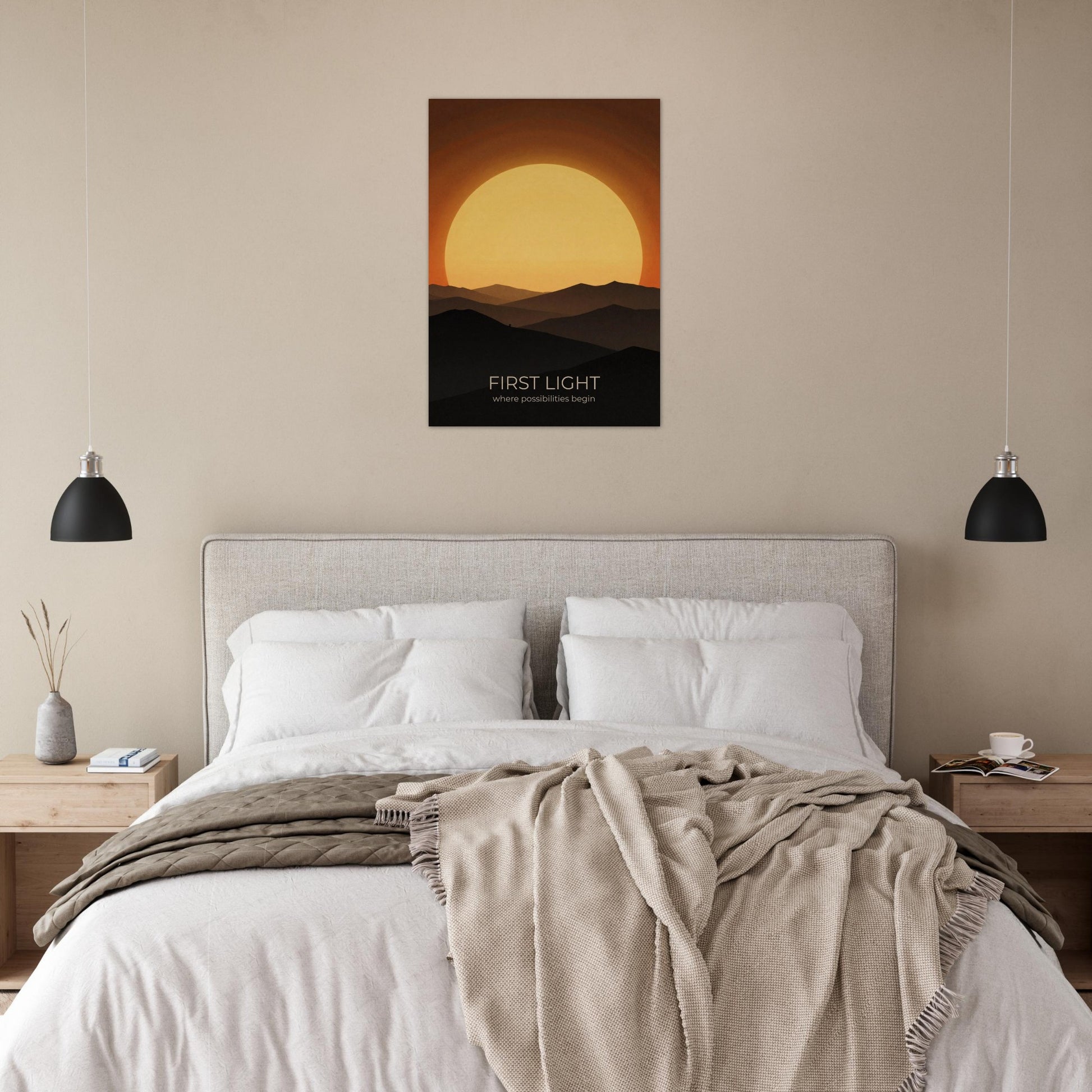 First Light poster displayed in a stylish bedroom, bringing warmth, optimism and modern landscape art to the space.