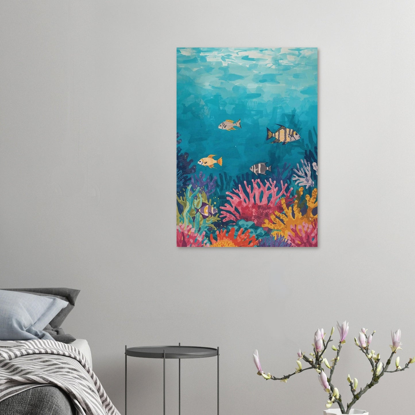 Colorful underwater scene painting on a gray wall above a bed.