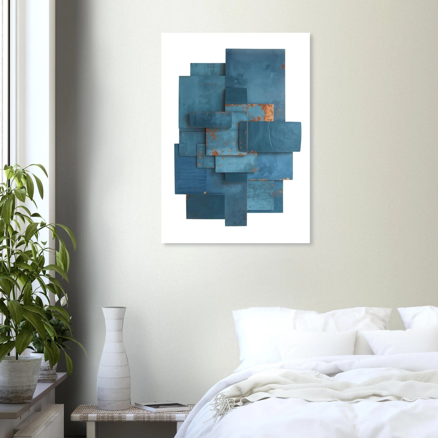 Abstract blue artwork on a wall above a bed in a bedroom setting