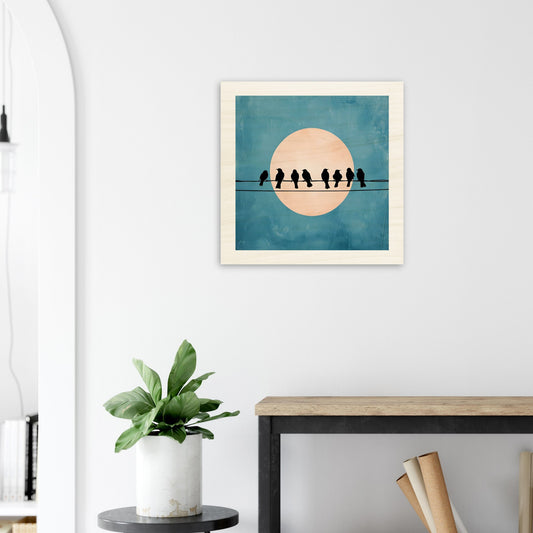Wooden artwork of birds on a wire with a moon in the background