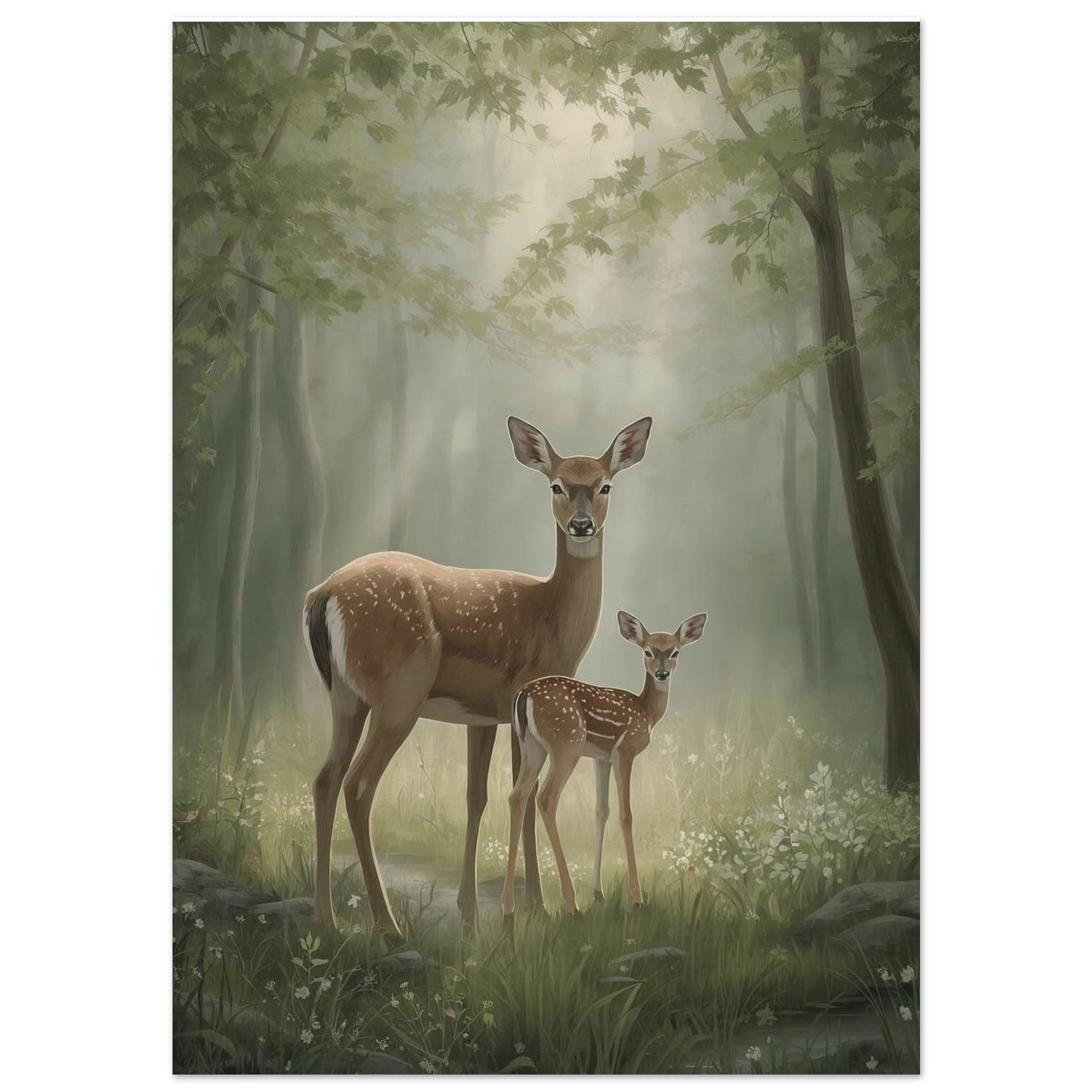 mother and fawn deer wall art poster in soft spring forest scene