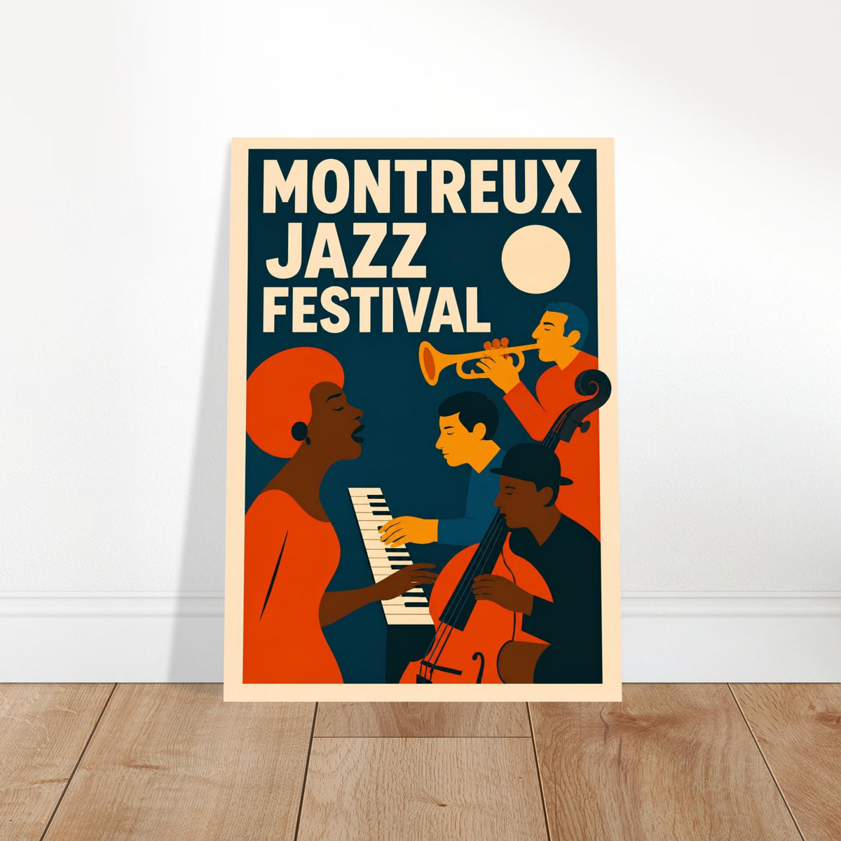A vertical art poster for the 'Montreux Jazz Festival' leaning against a white wall on a light wood floor. The poster features a retro illustration of jazz musicians, including a trumpet player and a double bass player, in orange, yellow, and dark blue tones with cream text.